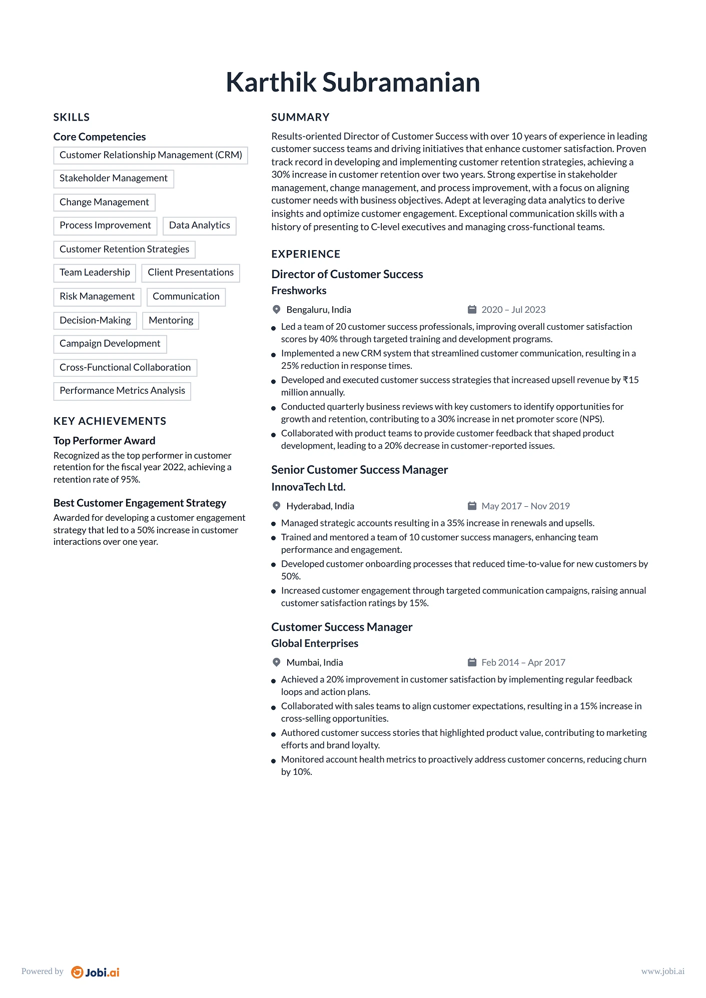 Customer Success Manager resume example — Director of Customer Success