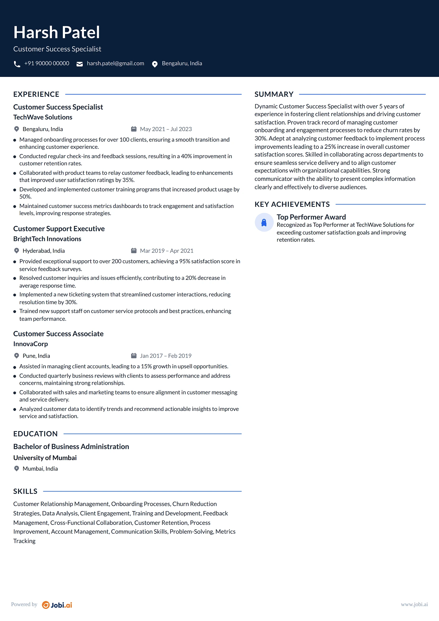 Customer Success Manager resume example — Customer Success Specialist