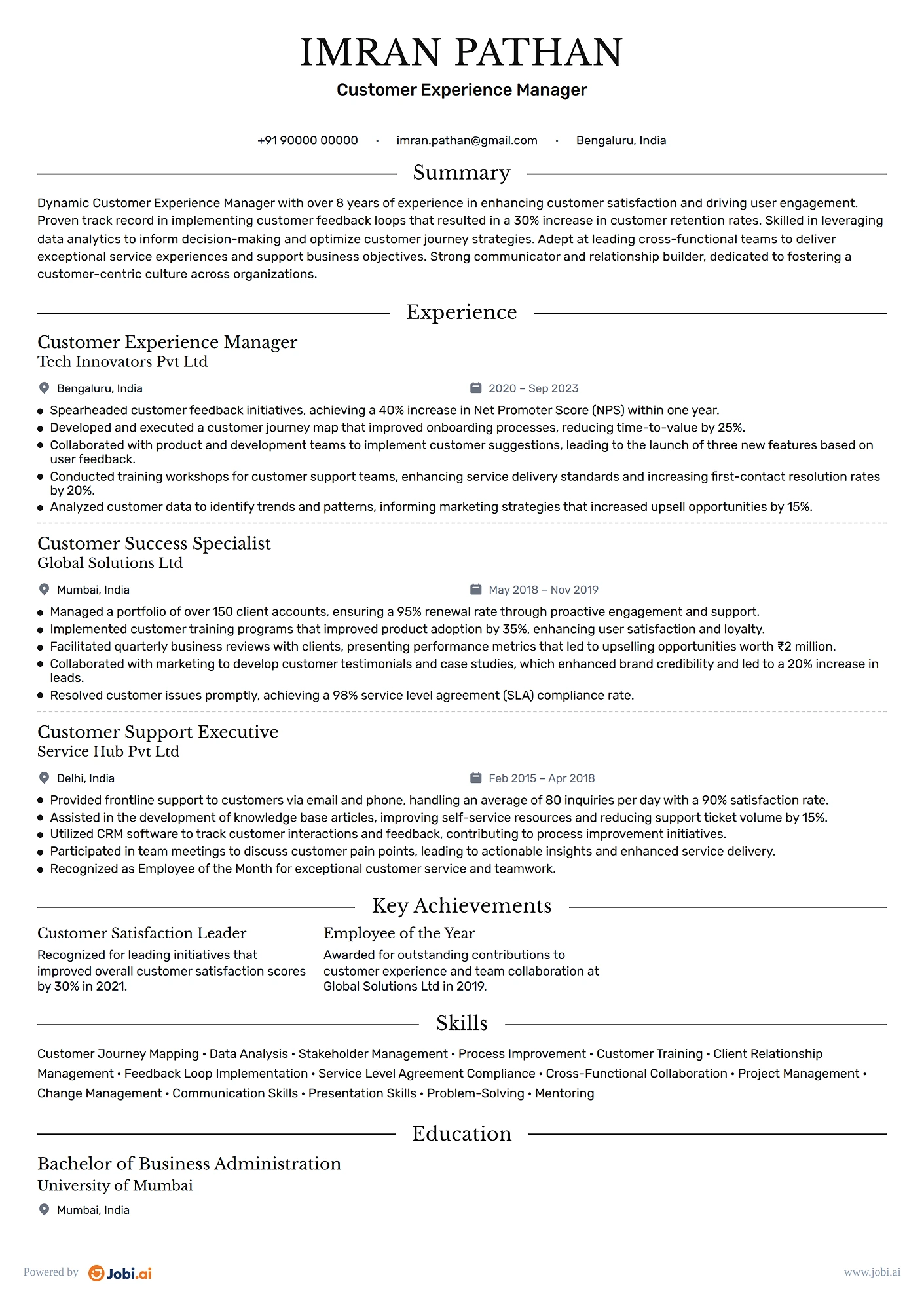 Customer Success Manager resume example — Customer Experience Manager