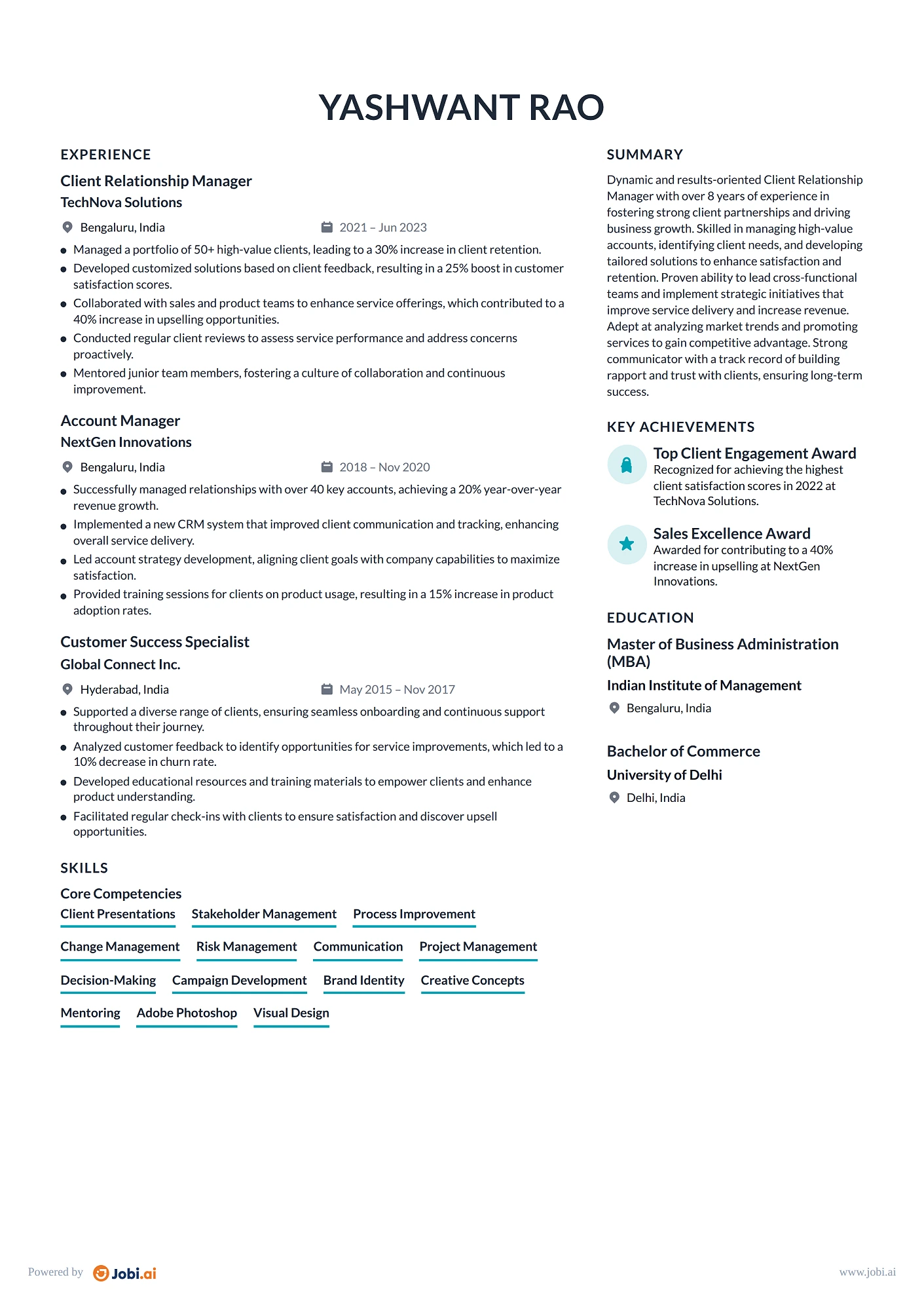 Customer Success Manager resume example — Client Relationship Manager