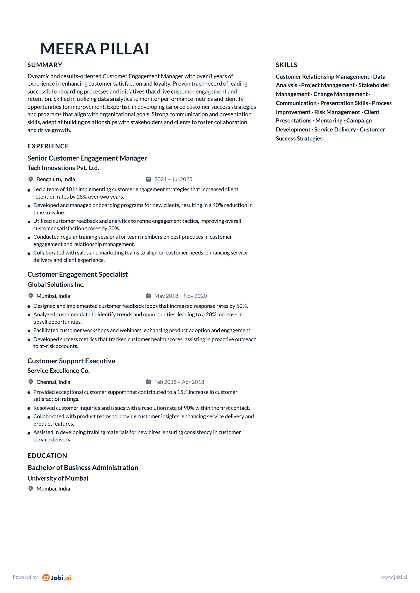 Customer Success Manager resume example — Customer Engagement Manager