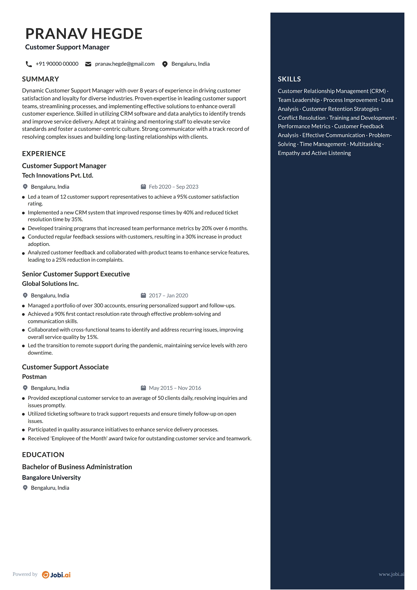 Customer Success Manager resume example — Customer Support Manager