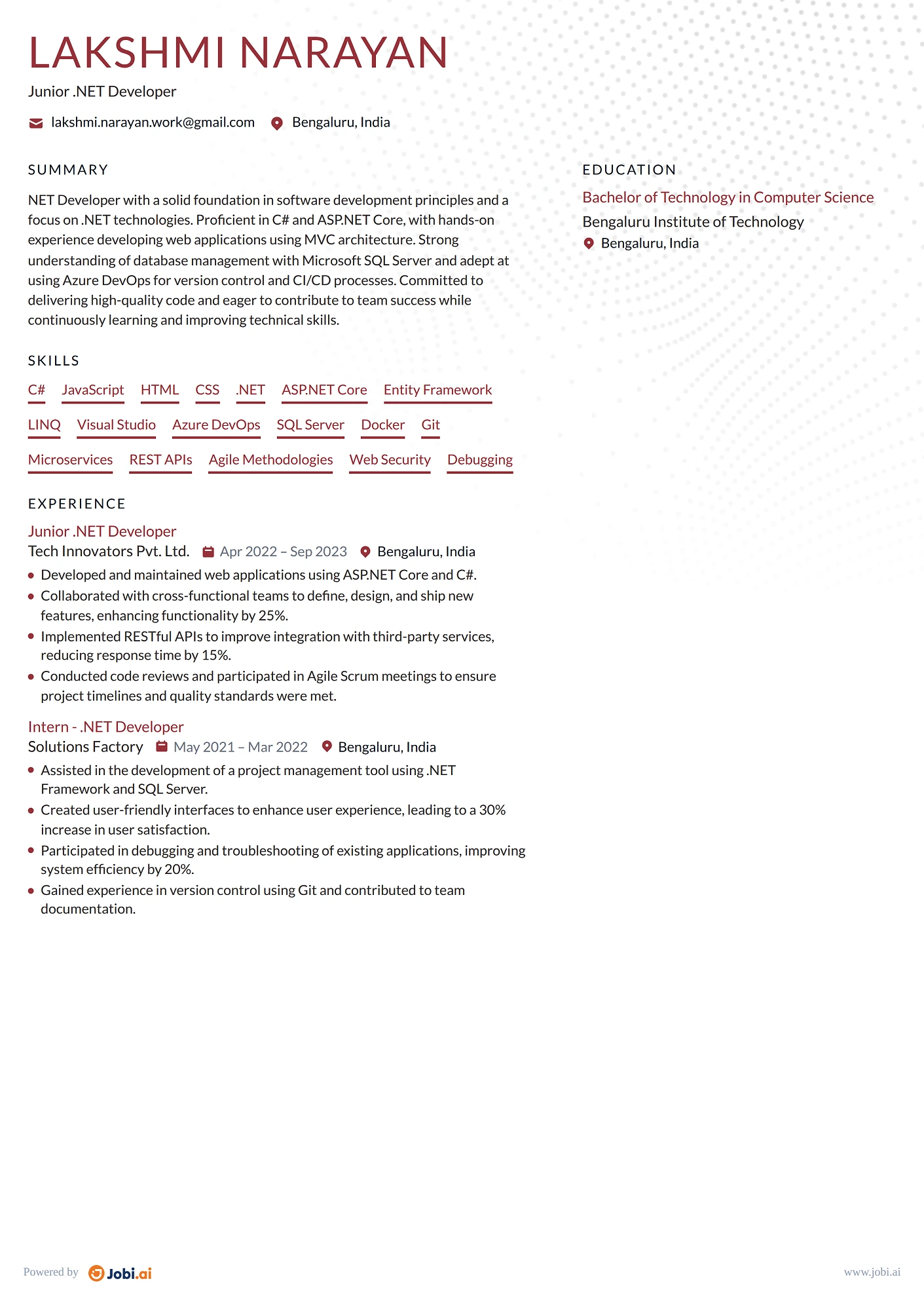 .NET Developer resume example — Junior .NET Developer