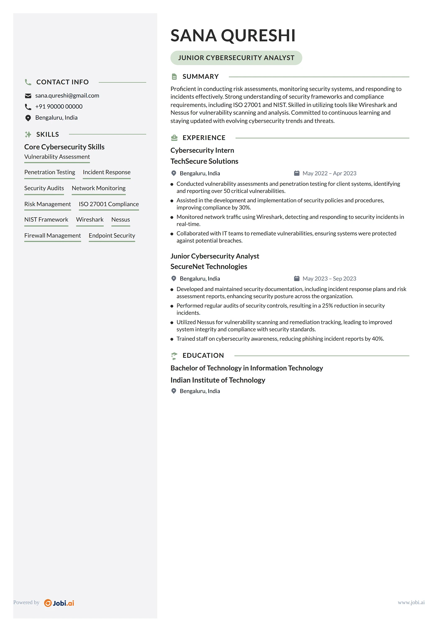 Cybersecurity Analyst resume example — Junior Cybersecurity Analyst