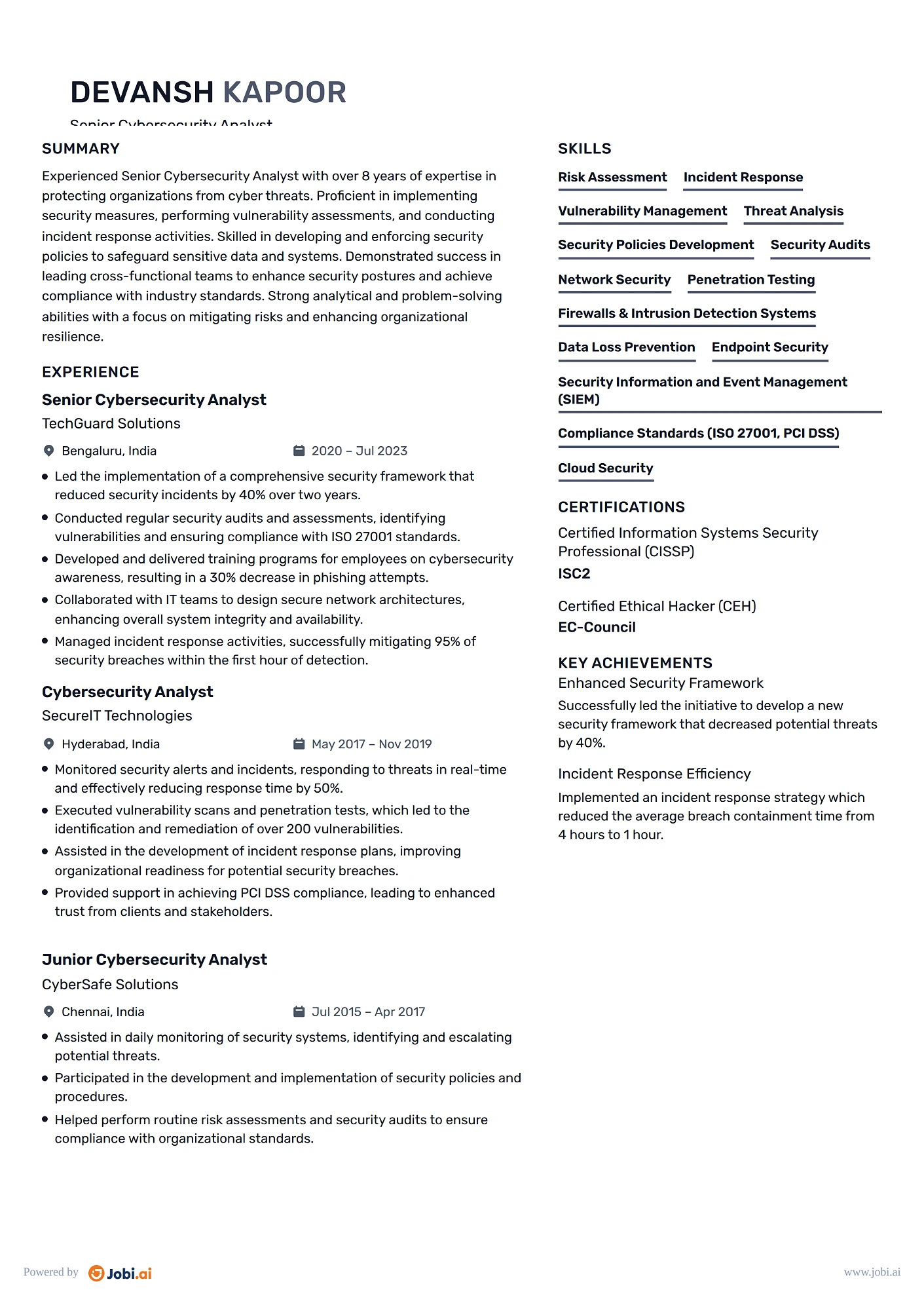Cybersecurity Analyst resume example — Senior Cybersecurity Analyst