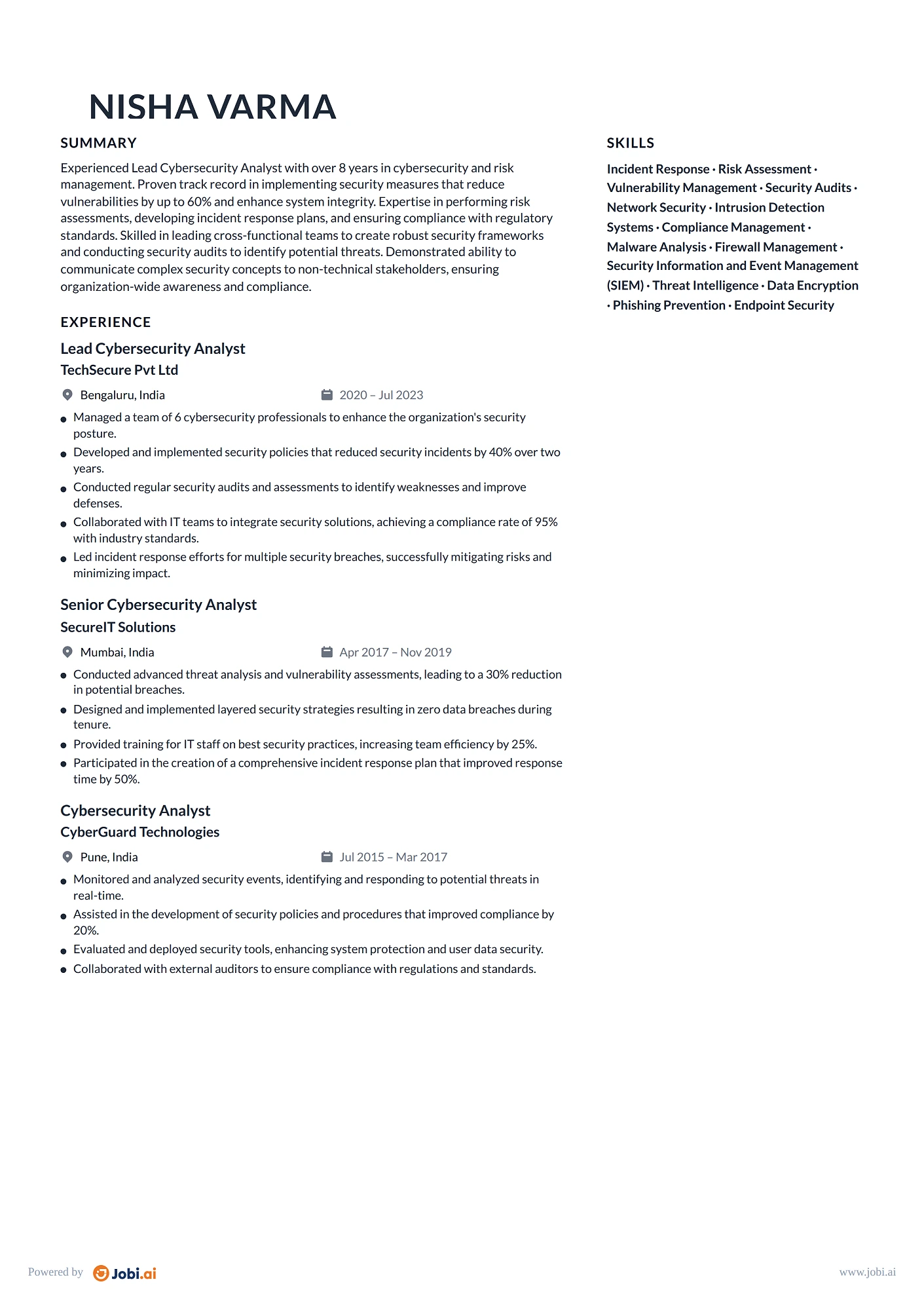 Cybersecurity Analyst resume example — Lead Cybersecurity Analyst