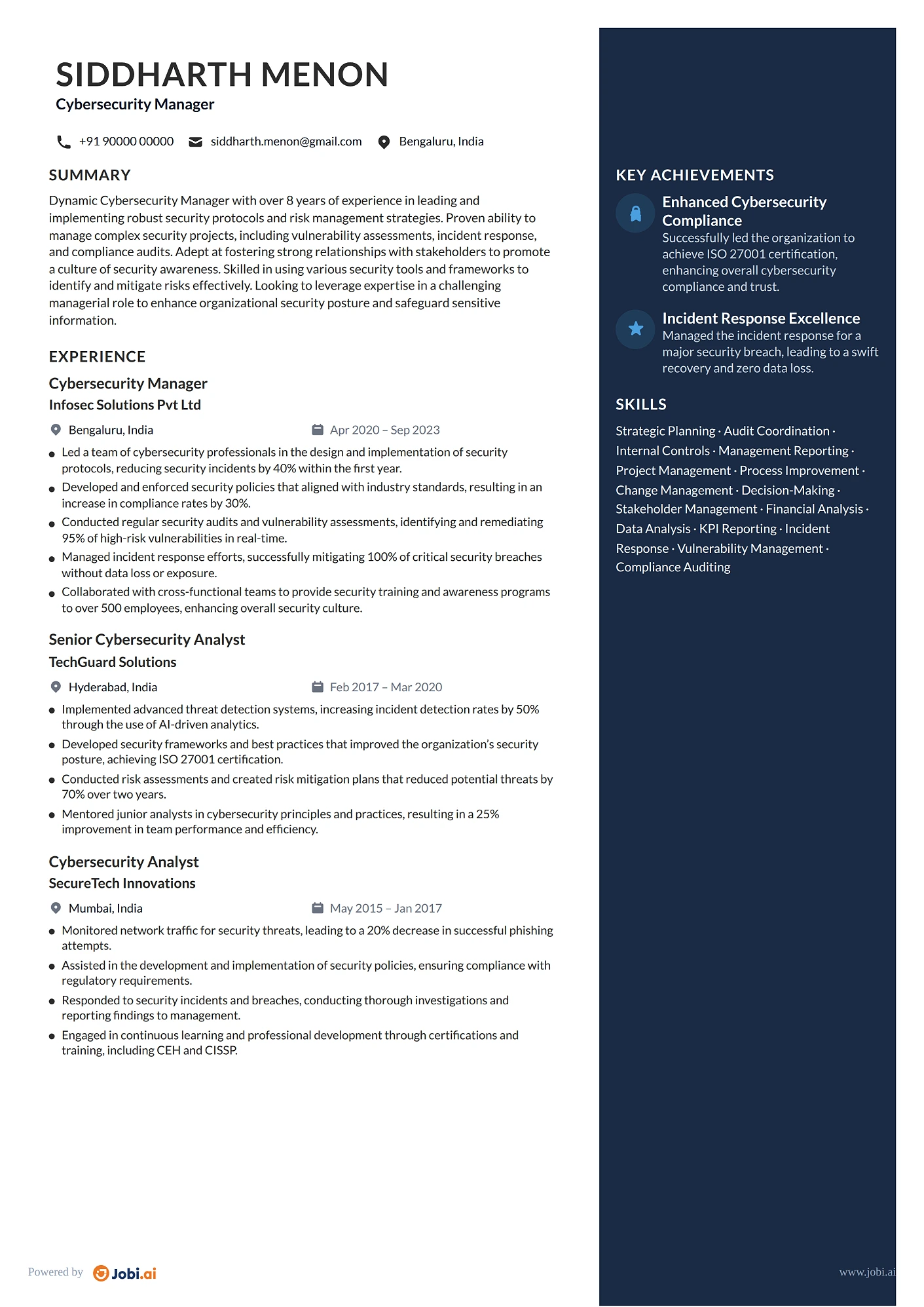 Cybersecurity Analyst resume example — Cybersecurity Manager