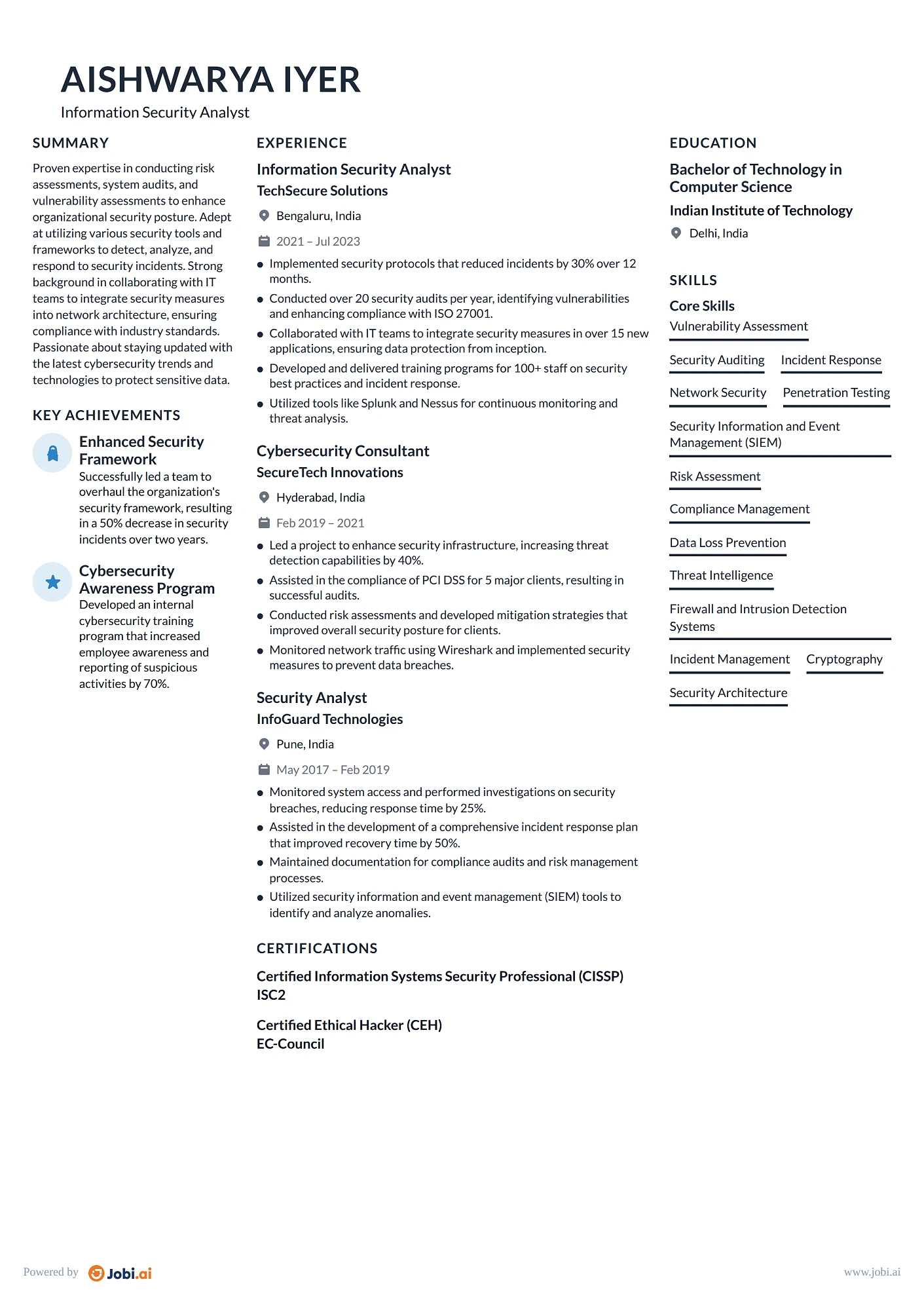 Cybersecurity Analyst resume example — Information Security Analyst