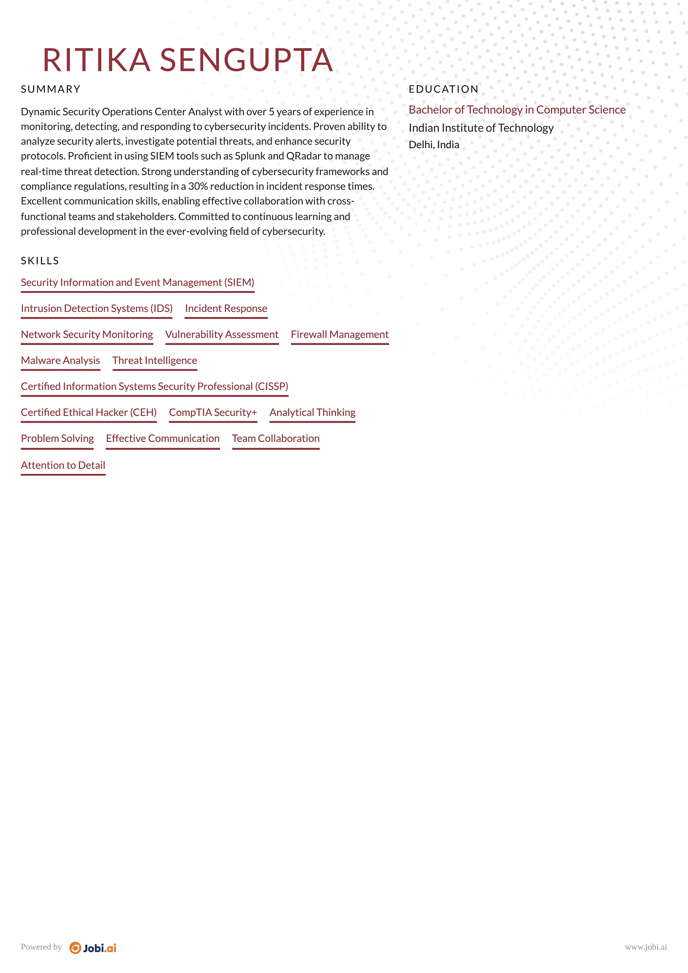 Cybersecurity Analyst resume example — Security Operations Center Analyst