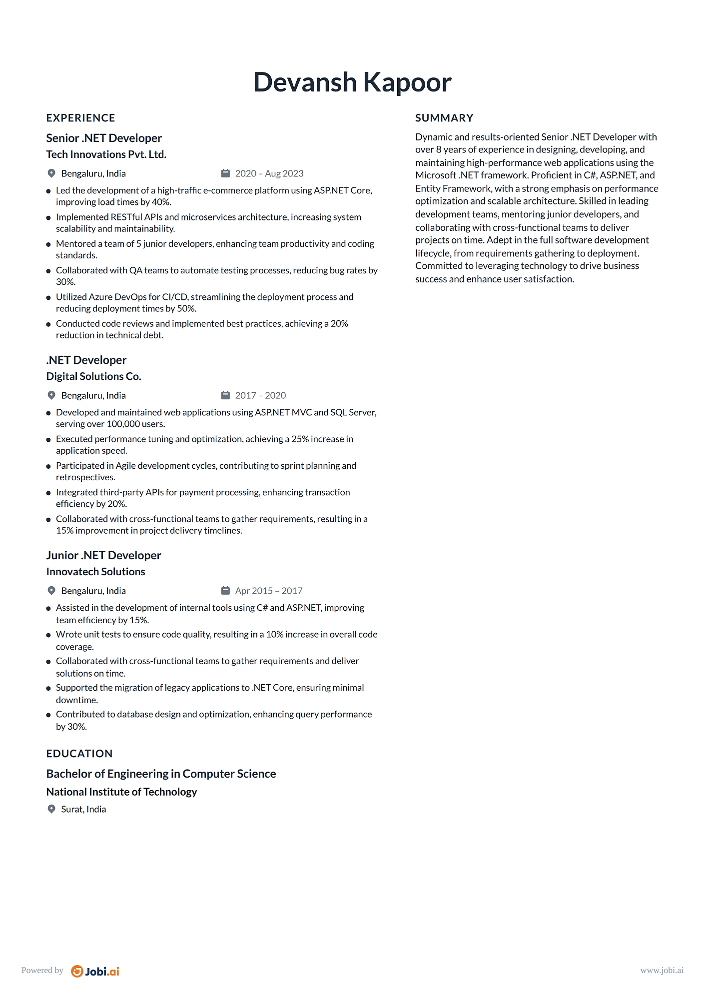 .NET Developer resume example — Senior .NET Developer