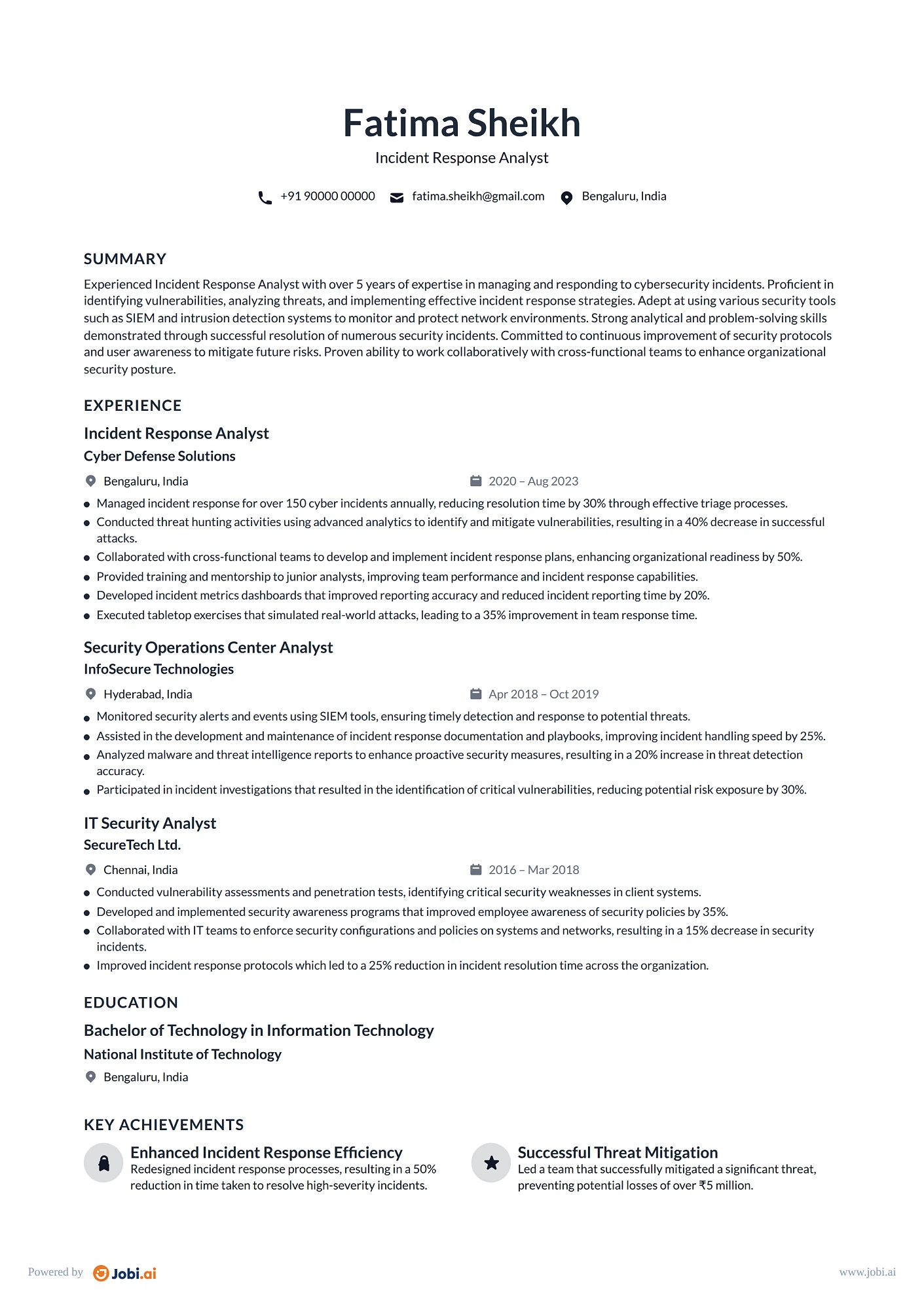 Cybersecurity Analyst resume example — Incident Response Analyst