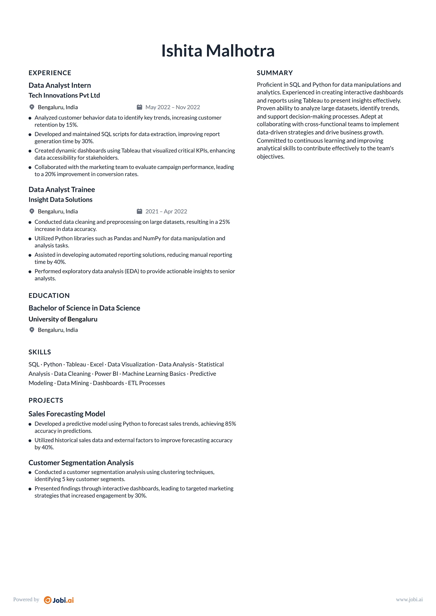 Data Analyst resume example — Junior Data Analyst
