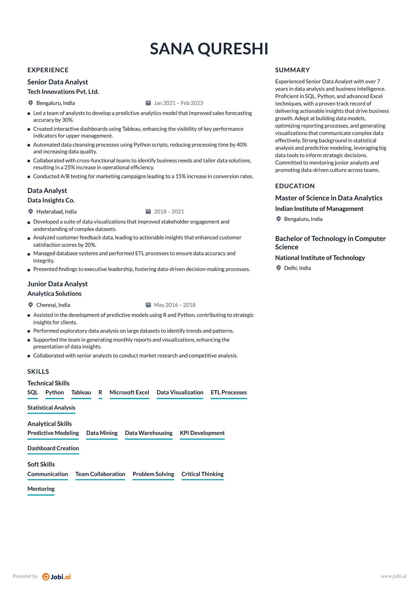Data Analyst resume example — Senior Data Analyst