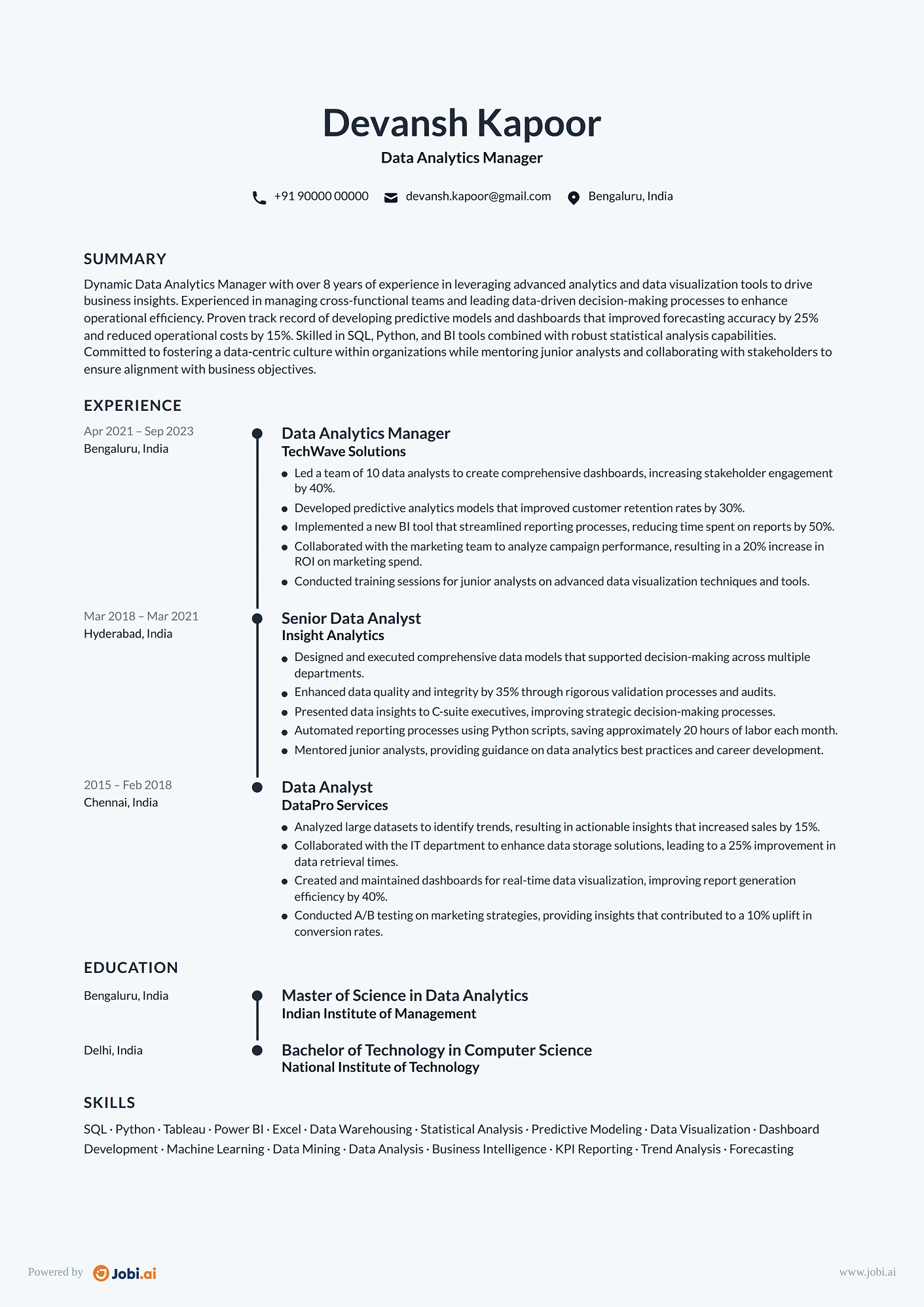 Data Analyst resume example — Data Analytics Manager