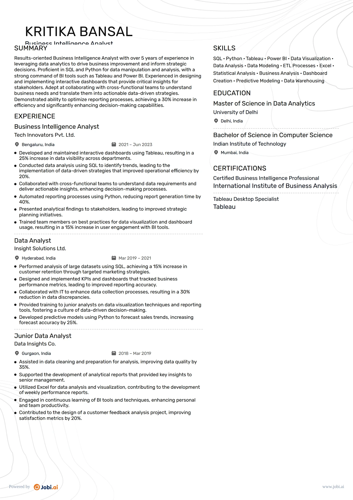 Data Analyst resume example — Business Intelligence Analyst