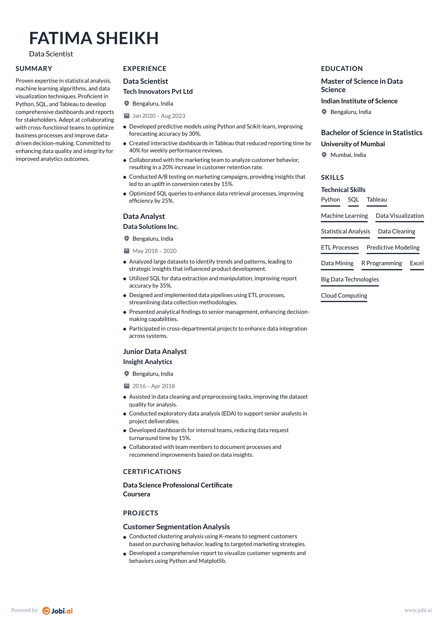 Data Analyst resume example — Data Scientist