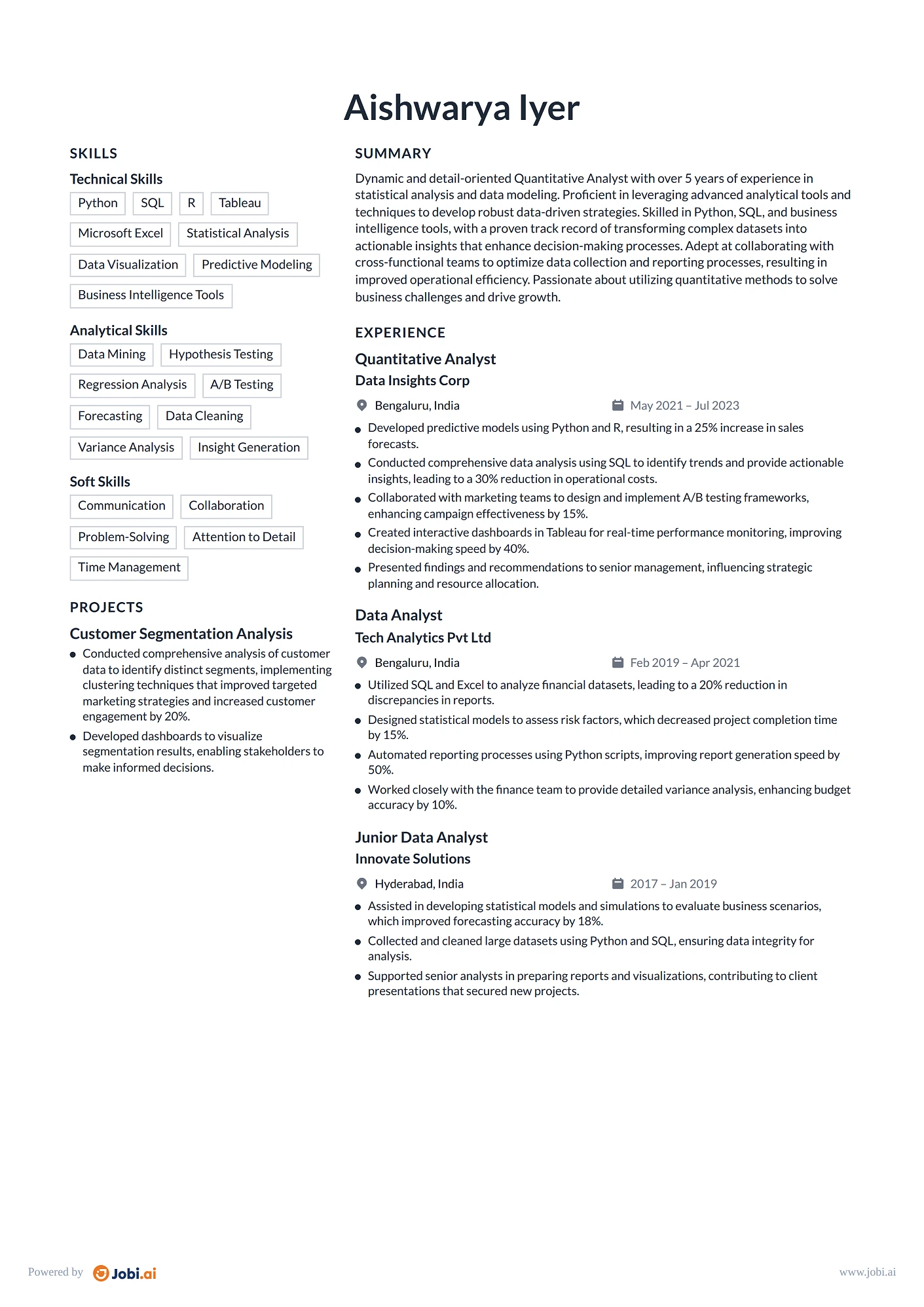 Data Analyst resume example — Quantitative Analyst