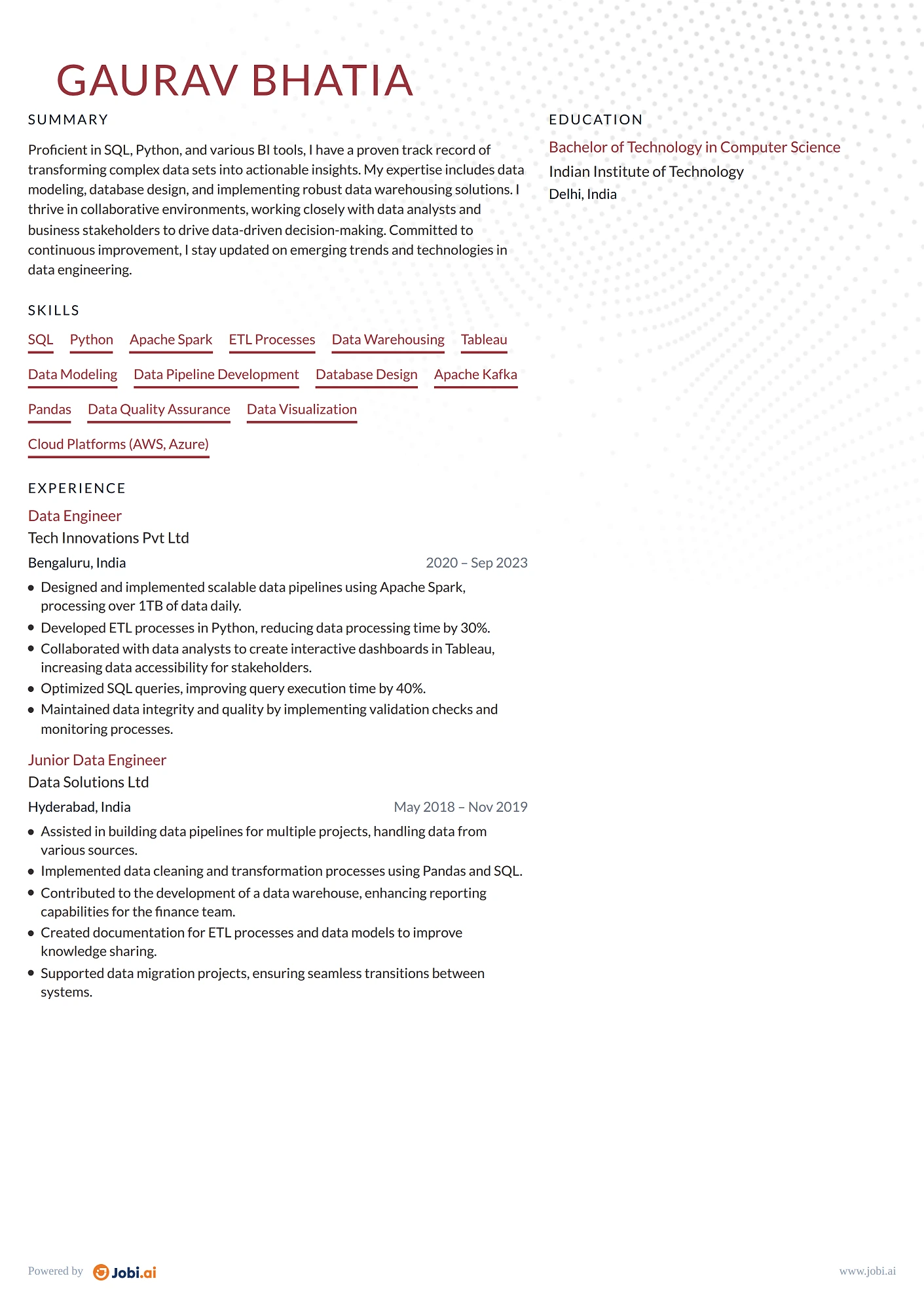 Data Analyst resume example — Data Engineer