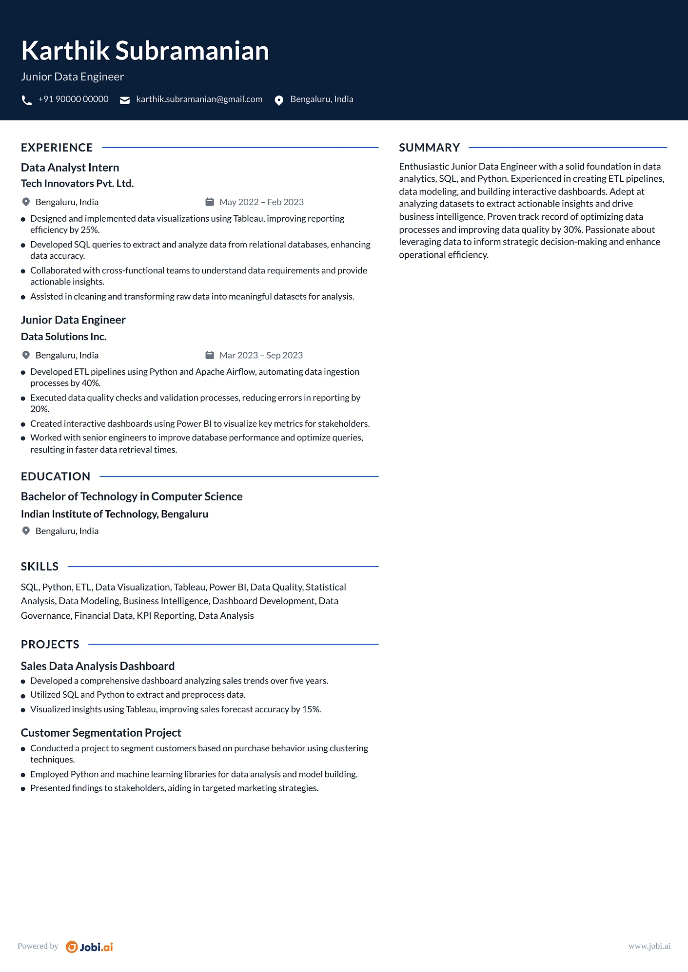 Data Engineer resume example — Junior Data Engineer