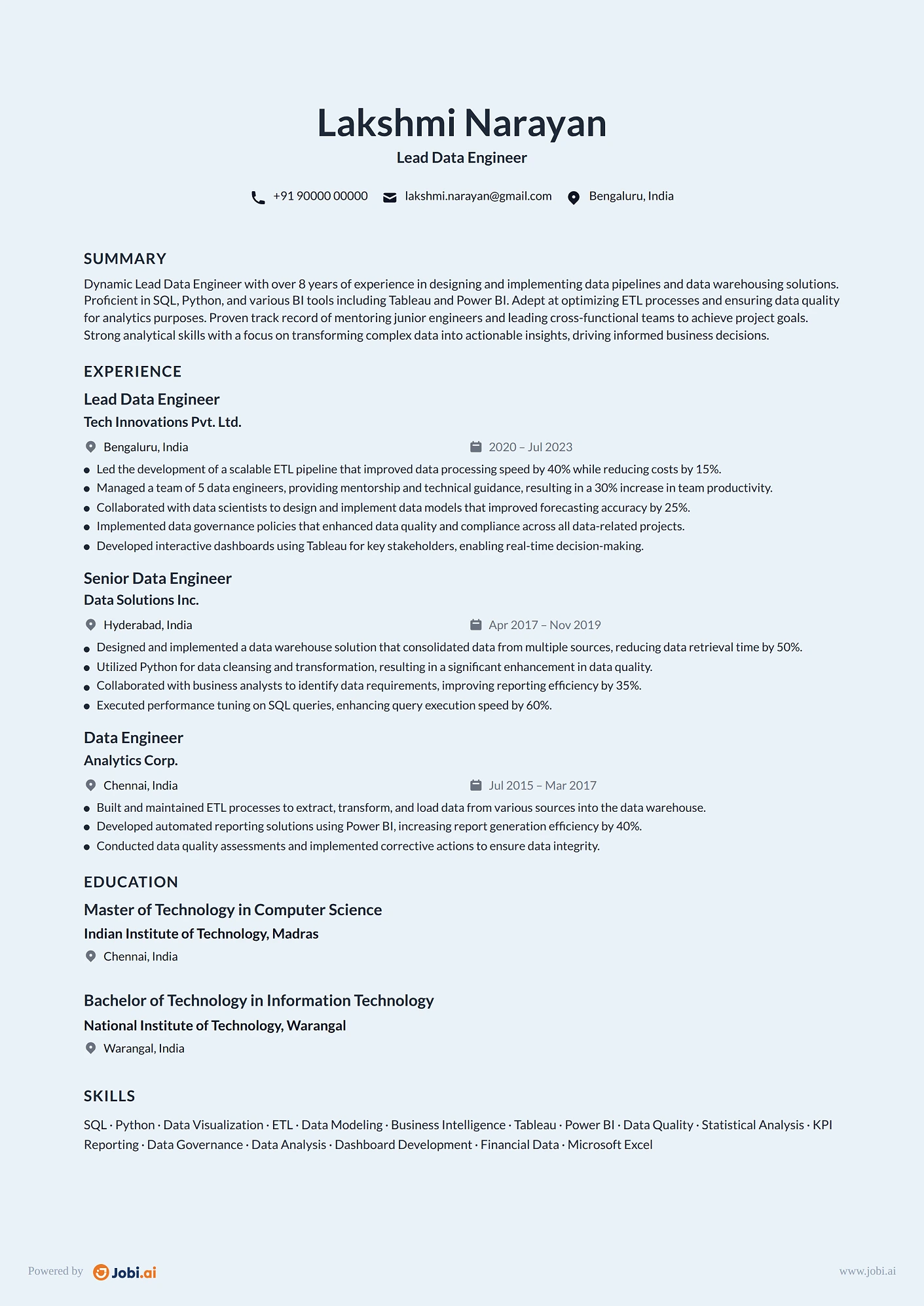 Data Engineer resume example — Lead Data Engineer