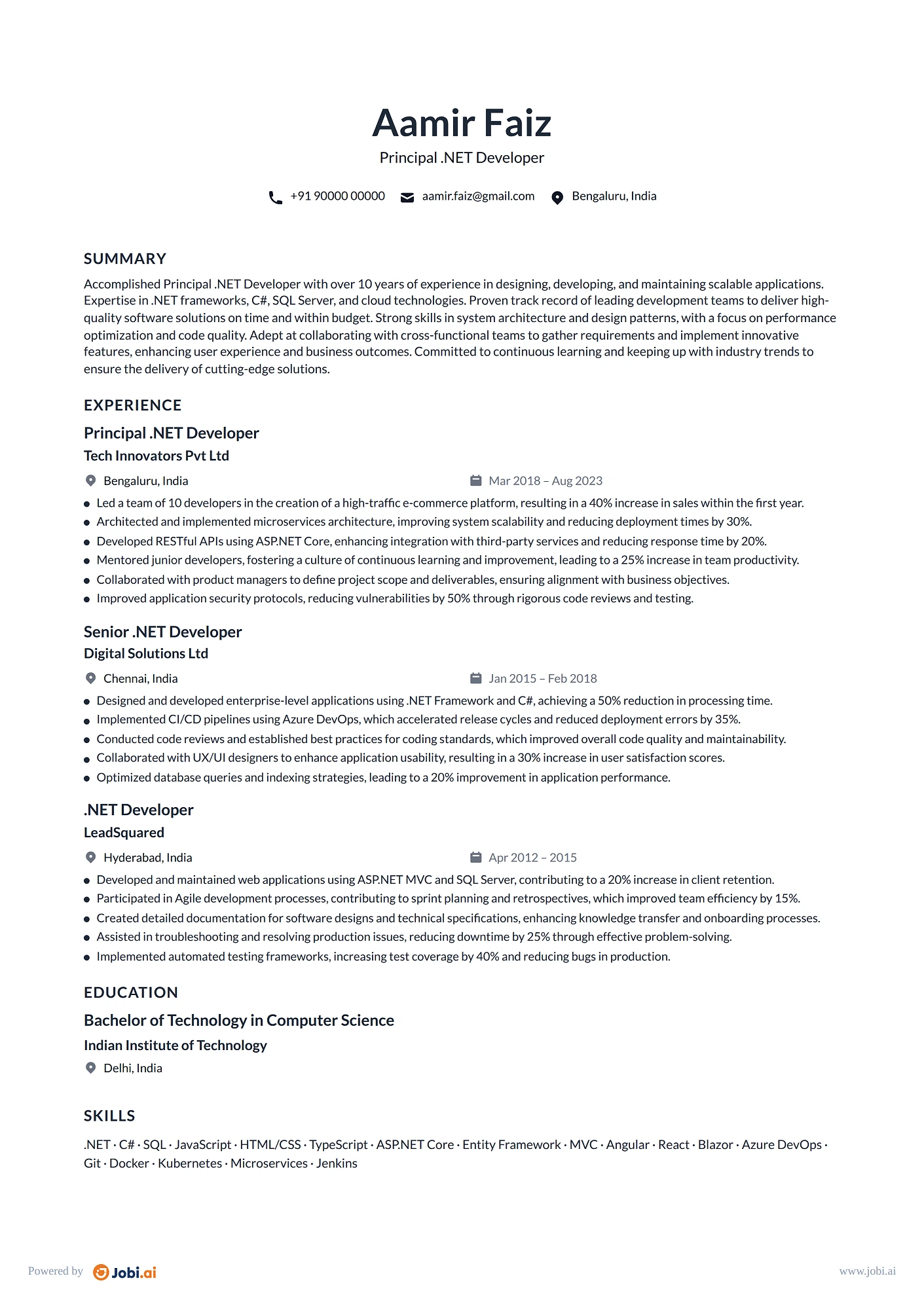 .NET Developer resume example — Principal .NET Developer