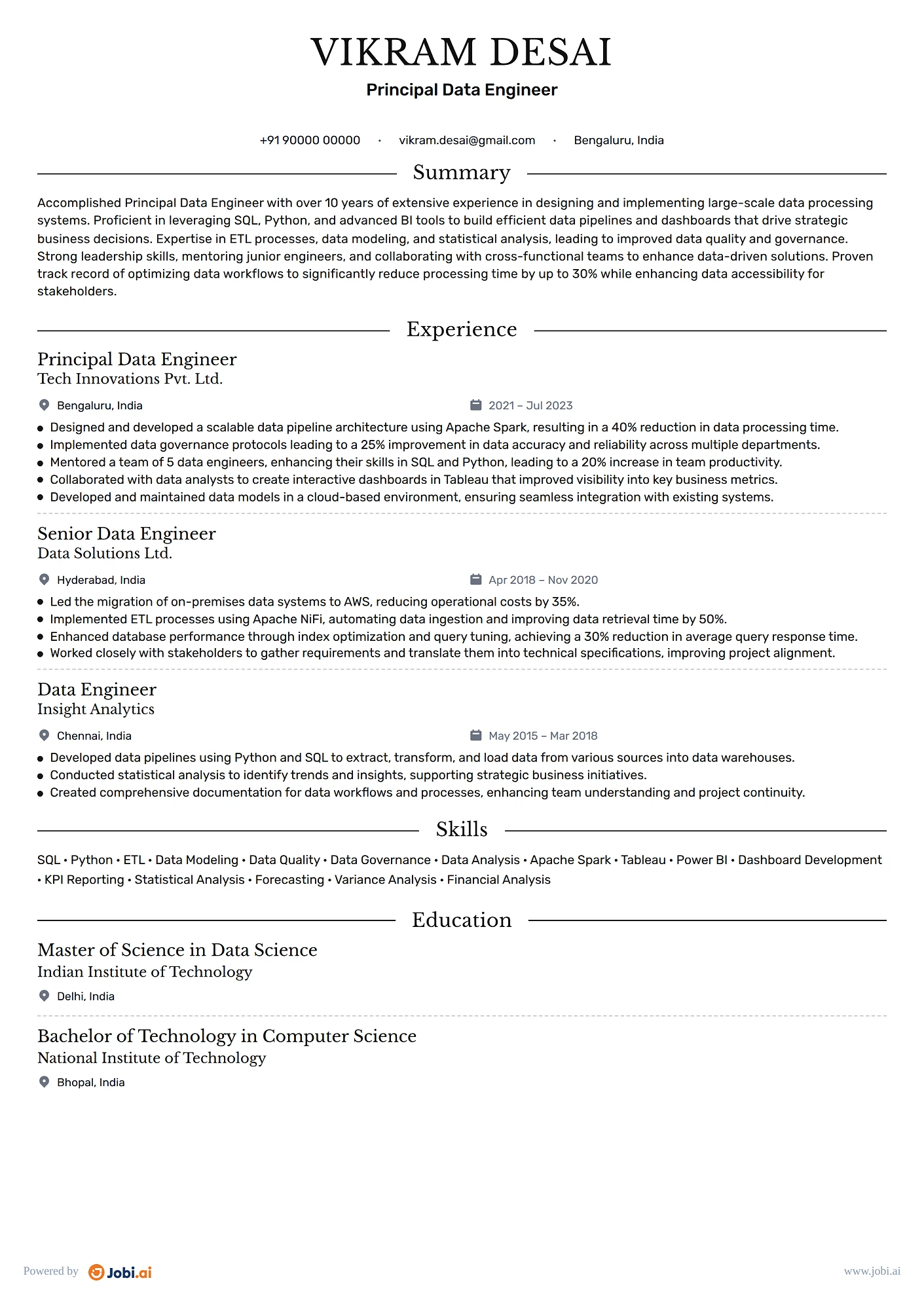 Data Engineer resume example — Principal Data Engineer