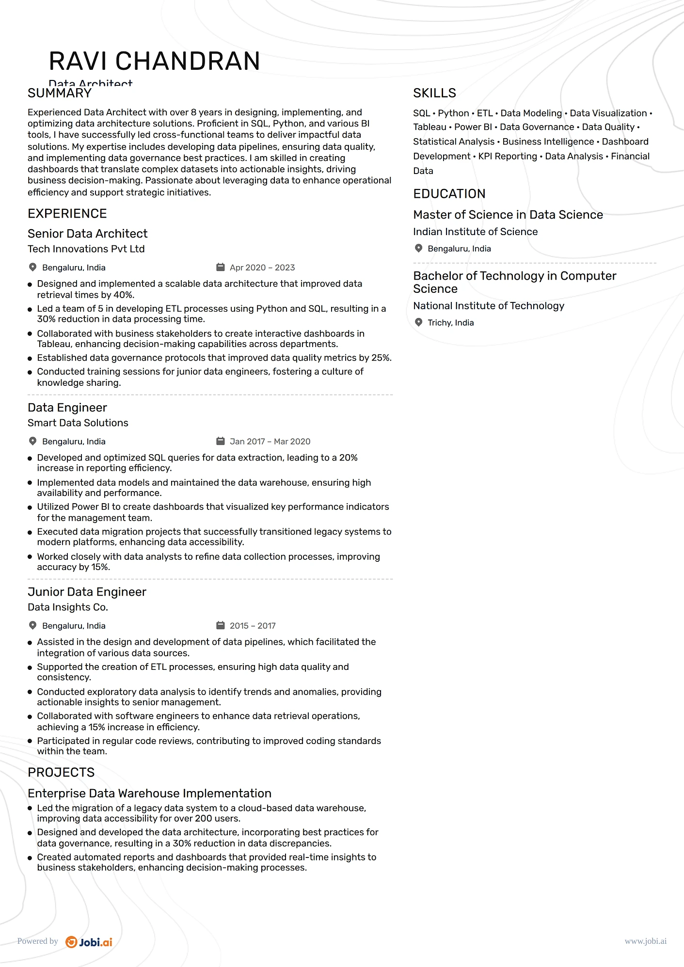 Data Engineer resume example — Data Architect