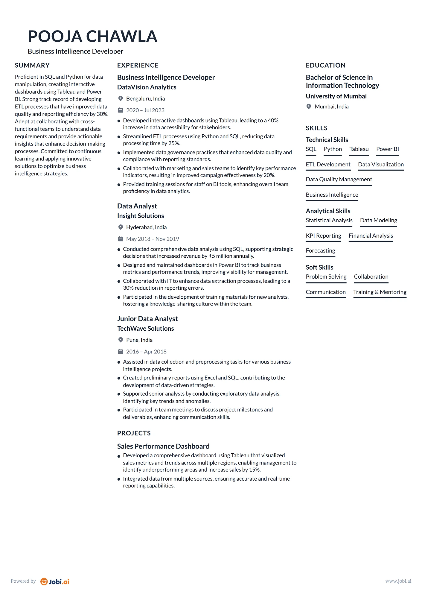 Data Engineer resume example — Business Intelligence Developer
