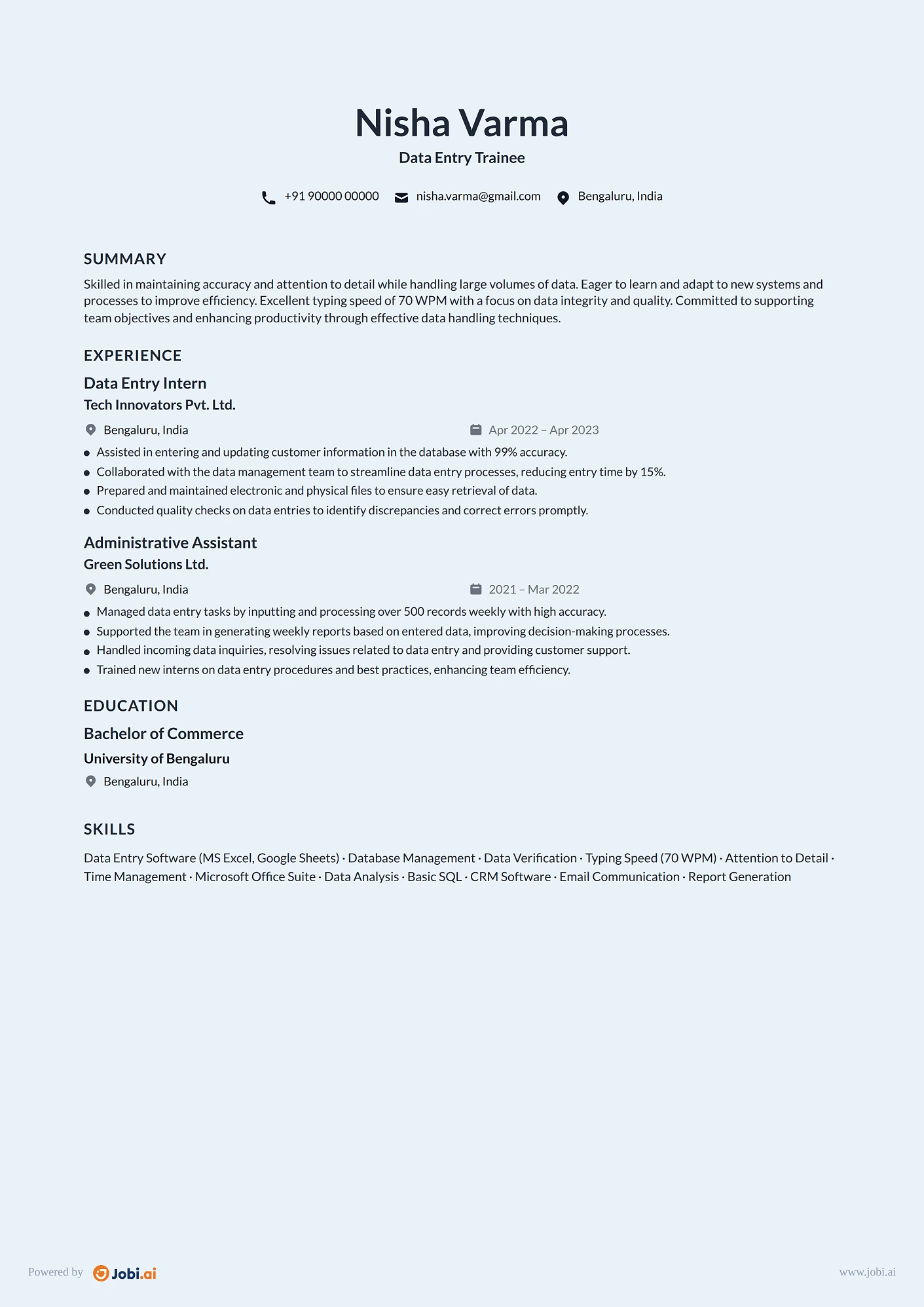 Data Entry Clerk resume example