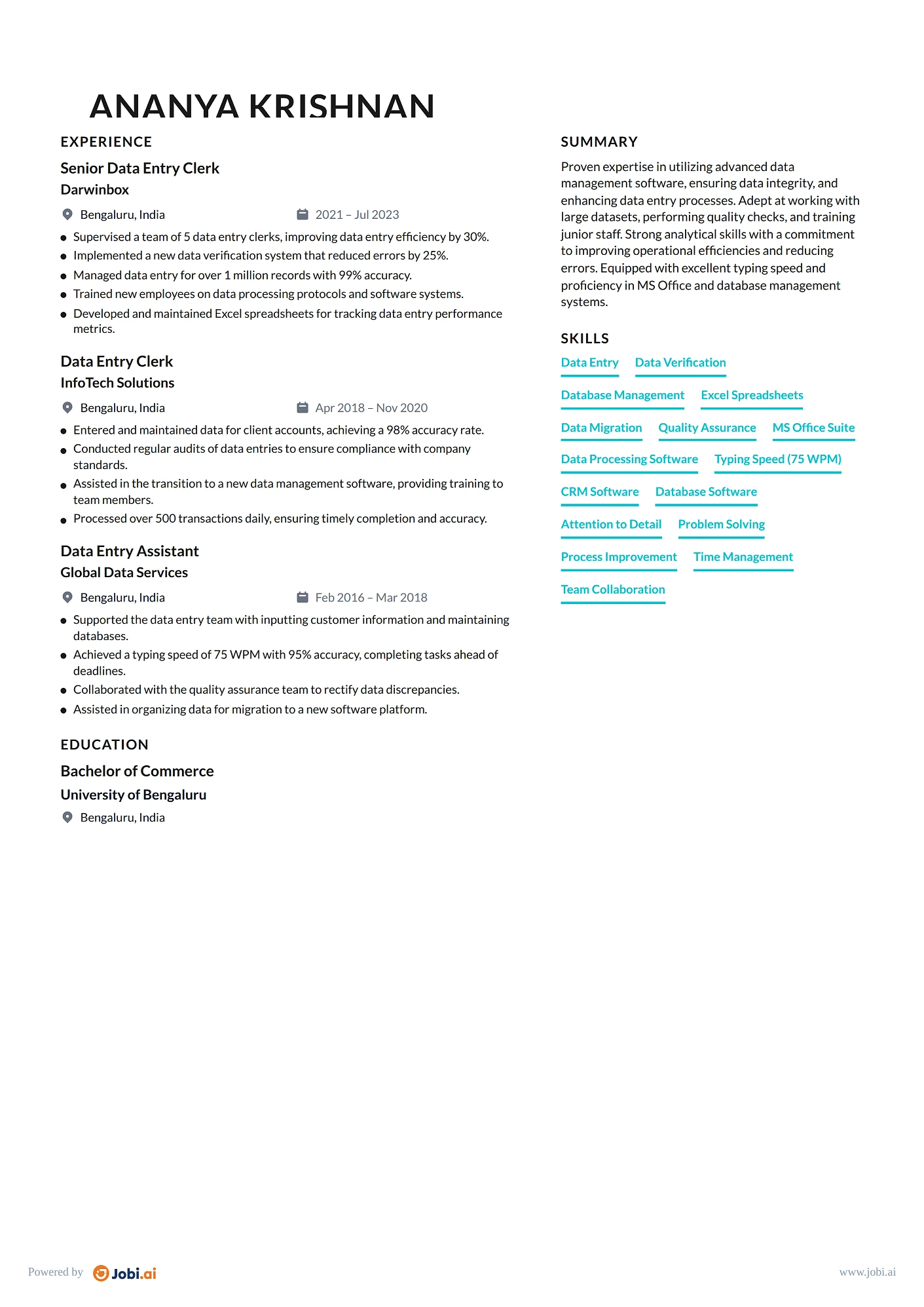 Data Entry Clerk resume example — Senior Data Entry Clerk