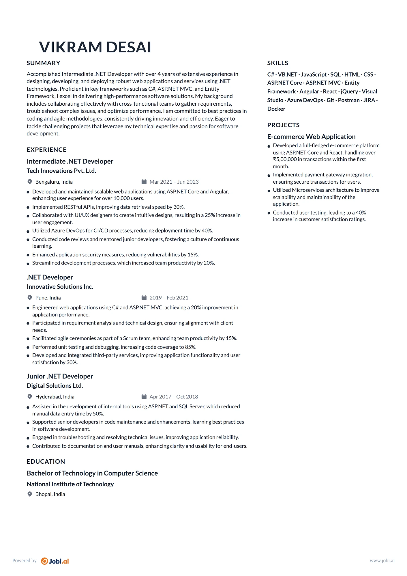 .NET Developer resume example — Intermediate .NET Developer