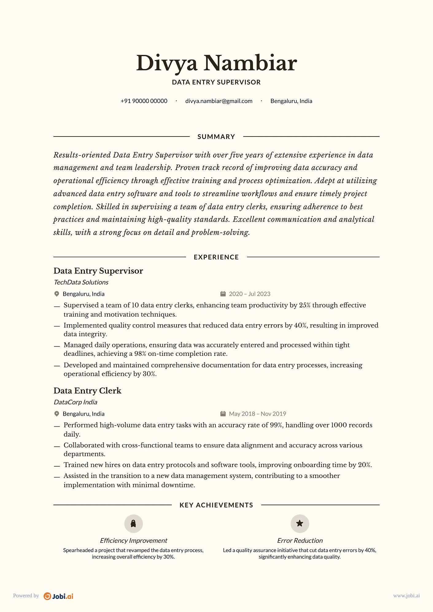 Data Entry Clerk resume example — Data Entry Supervisor