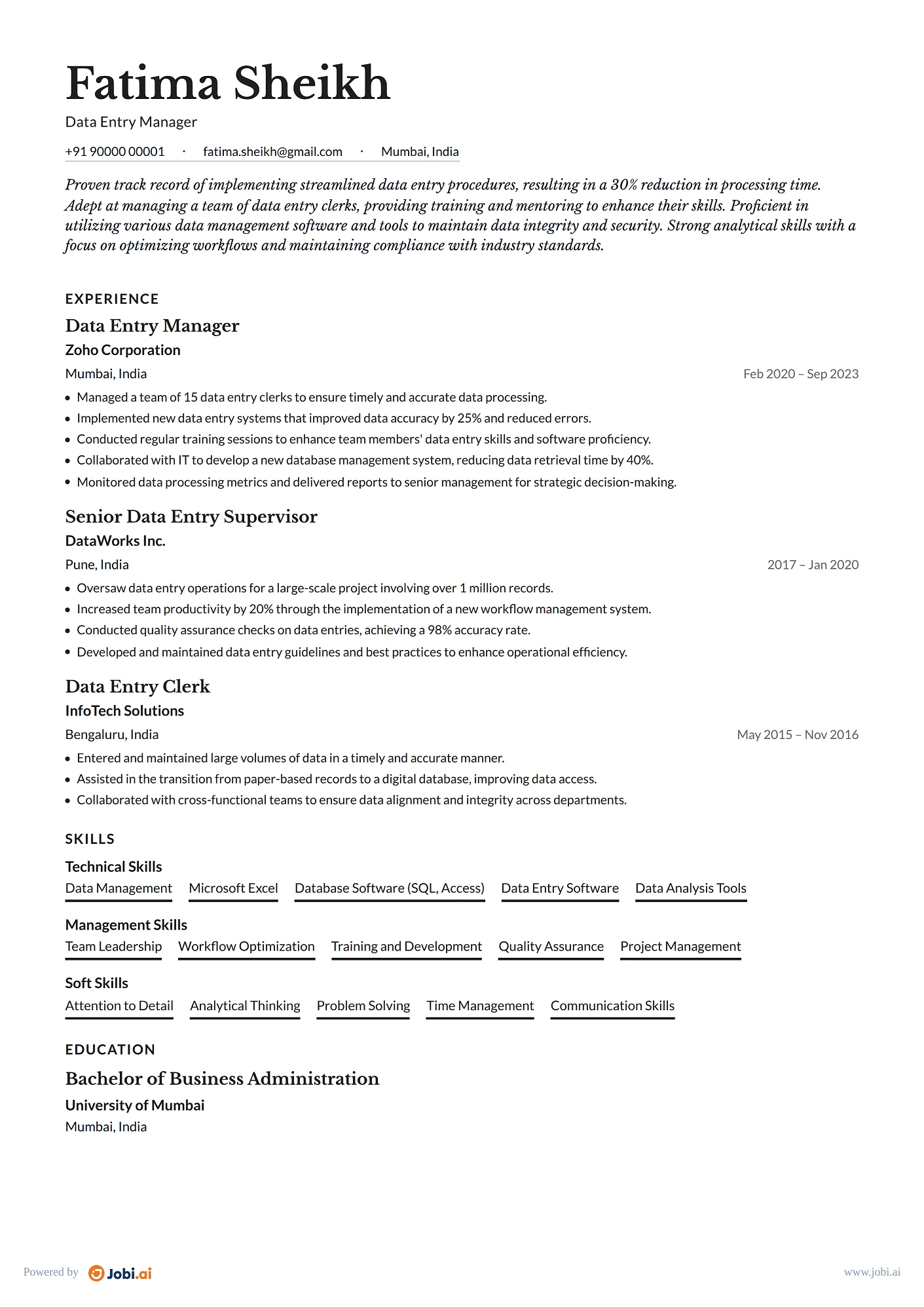 Data Entry Clerk resume example — Data Entry Manager