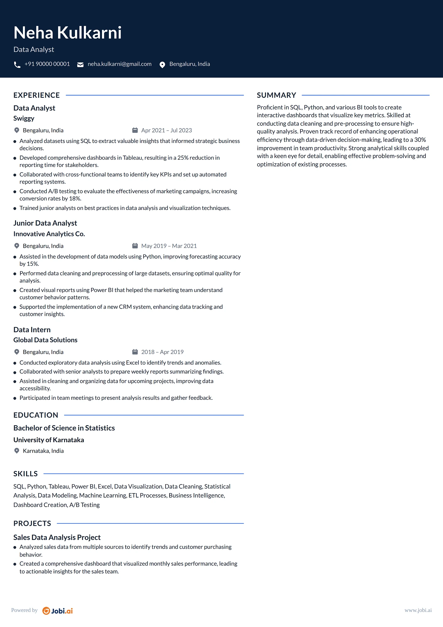 Data Entry Clerk resume example — Data Analyst