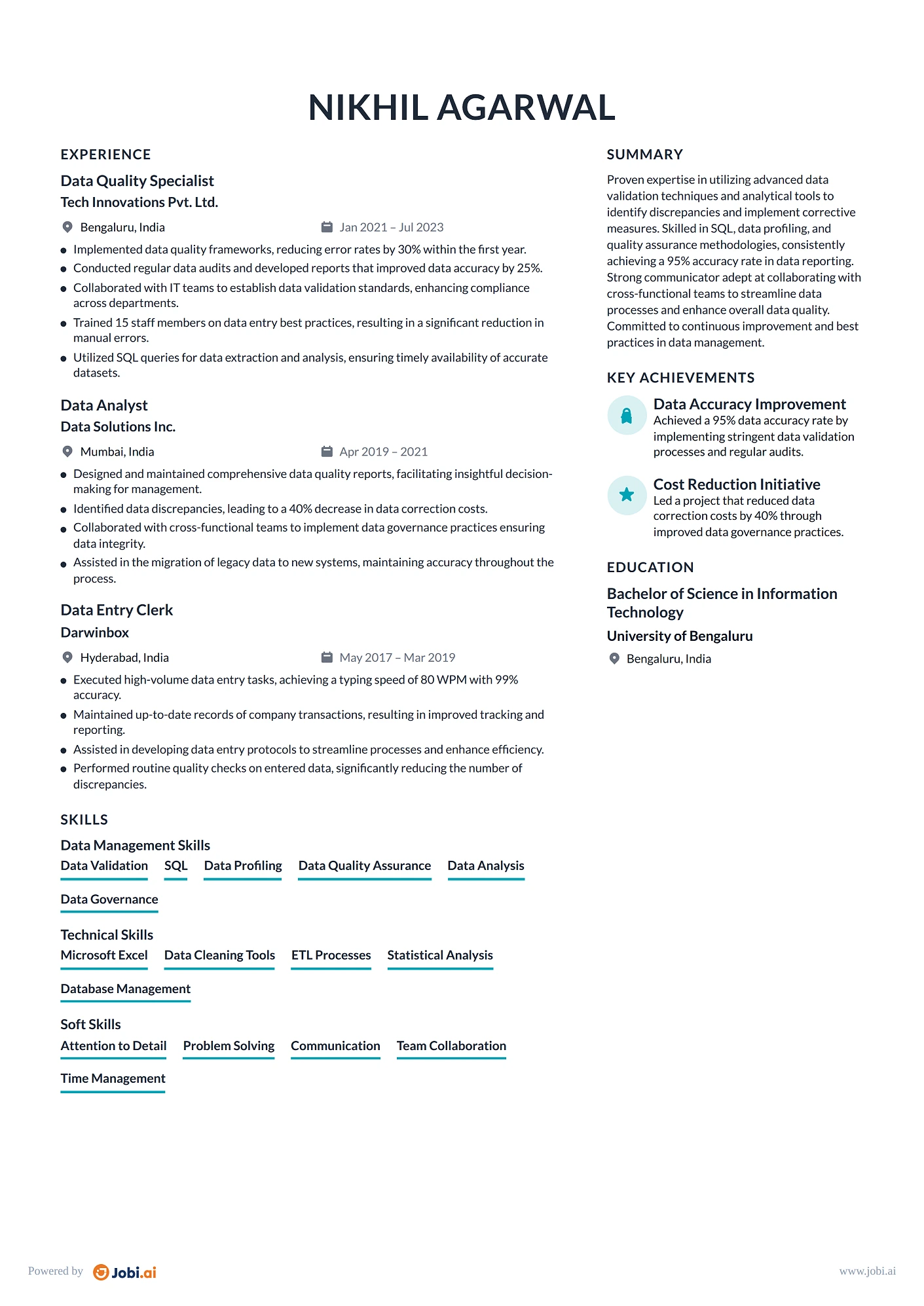 Data Entry Clerk resume example — Data Quality Specialist