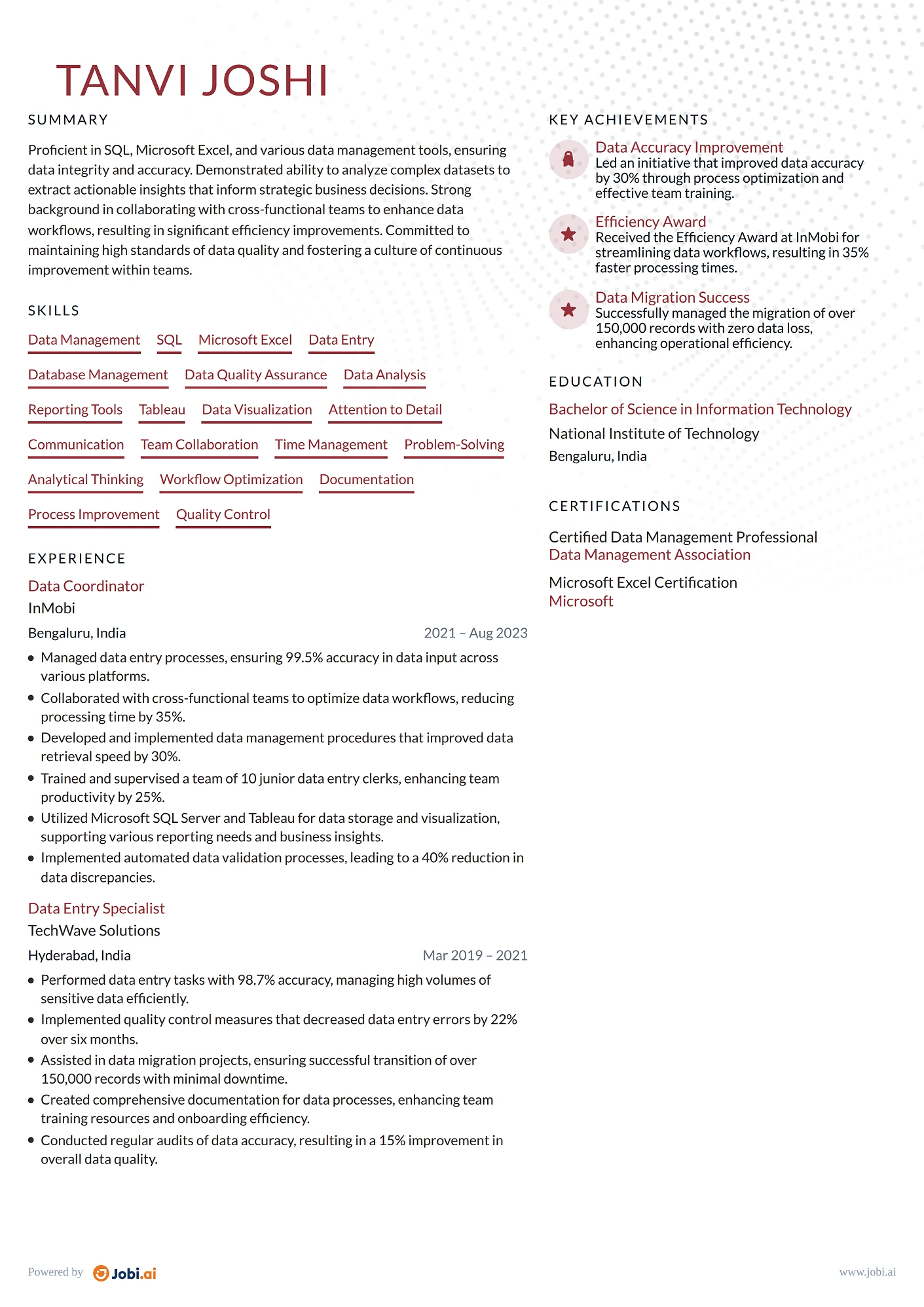 Data Entry Clerk resume example — Data Coordinator