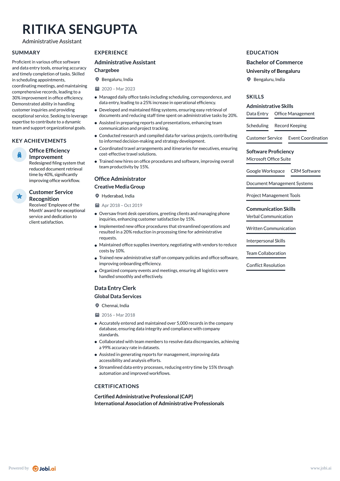 Data Entry Clerk resume example — Administrative Assistant