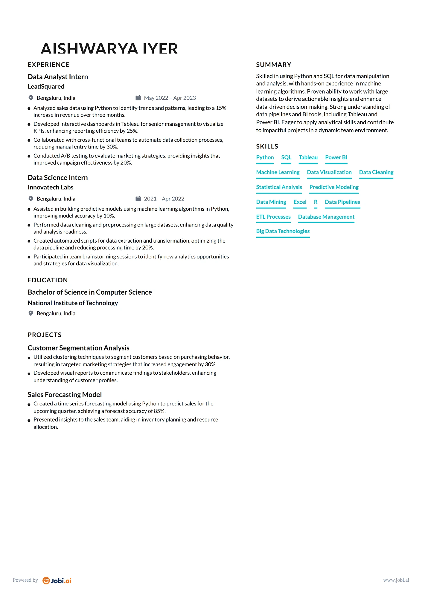 Data Scientist resume example — Junior Data Scientist