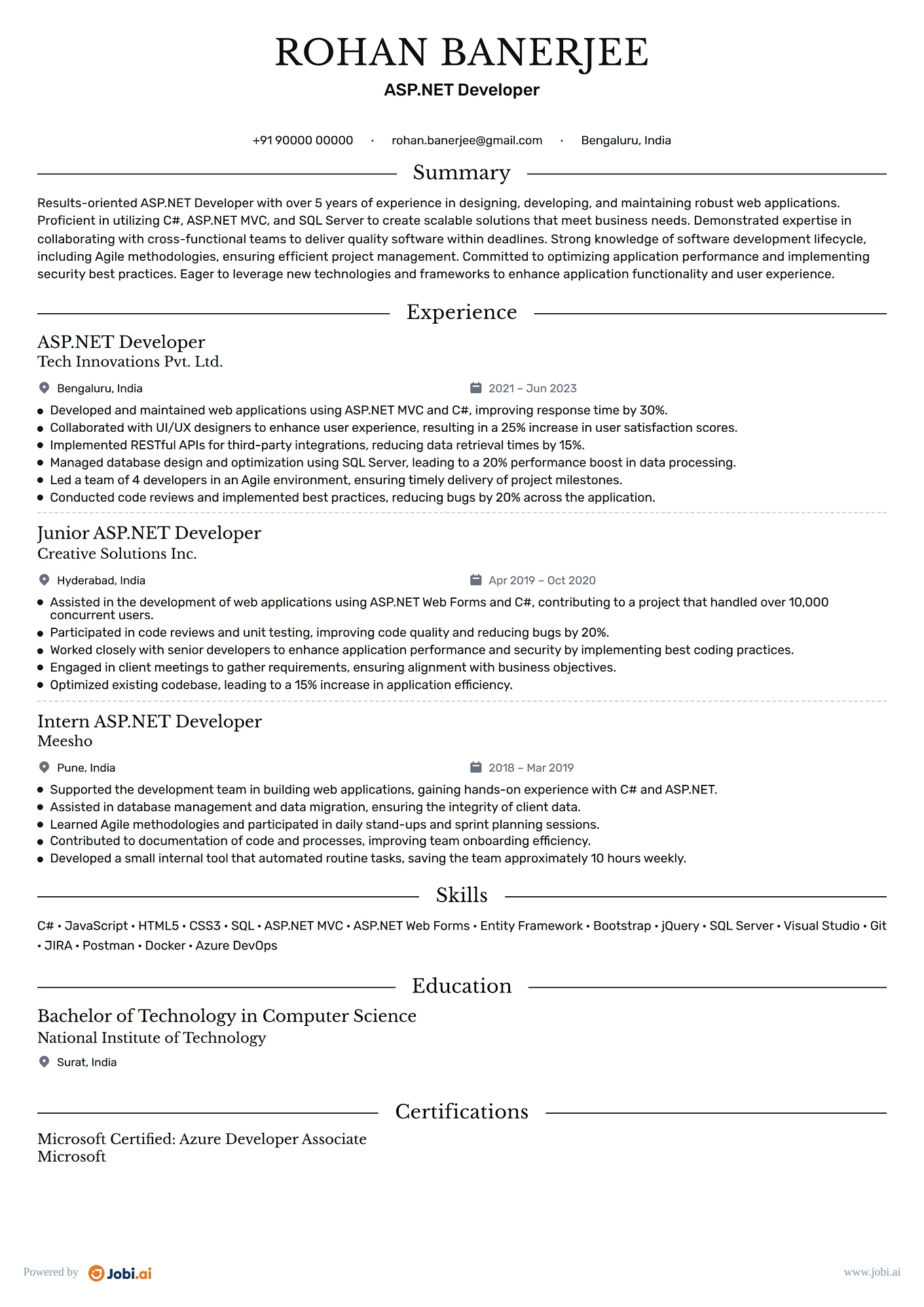 .NET Developer resume example — ASP.NET Developer