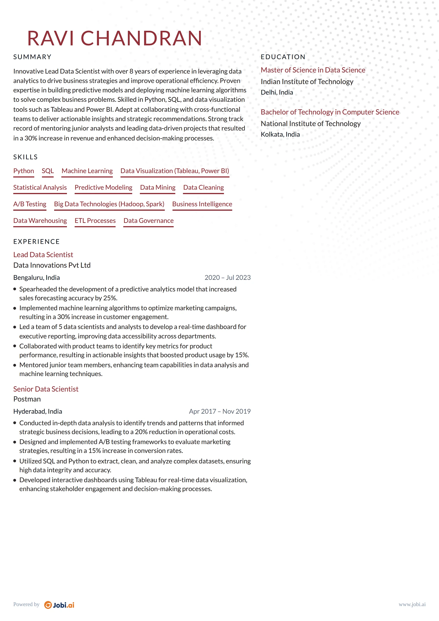 Data Scientist resume example — Lead Data Scientist