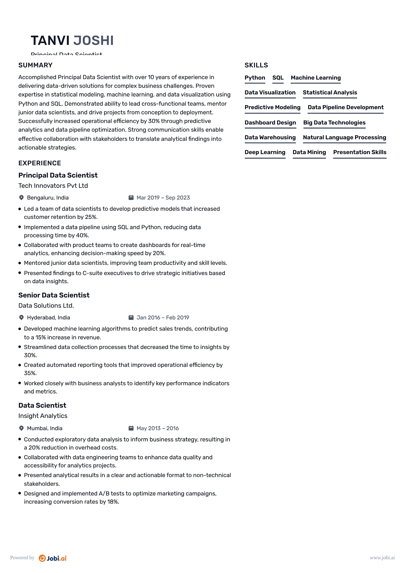 Data Scientist resume example — Principal Data Scientist