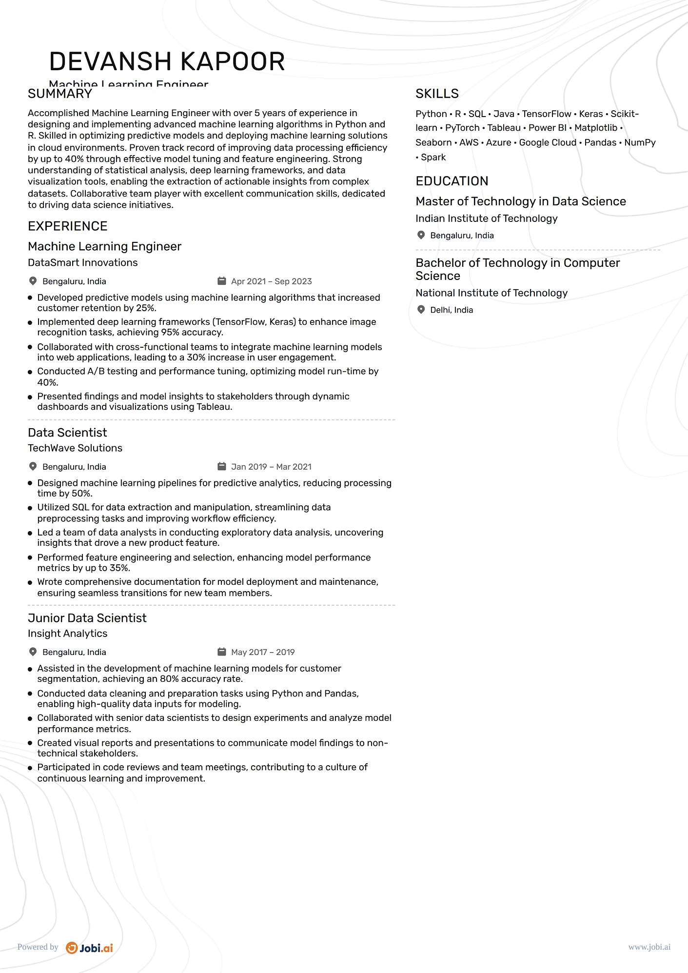 Data Scientist resume example — Machine Learning Engineer