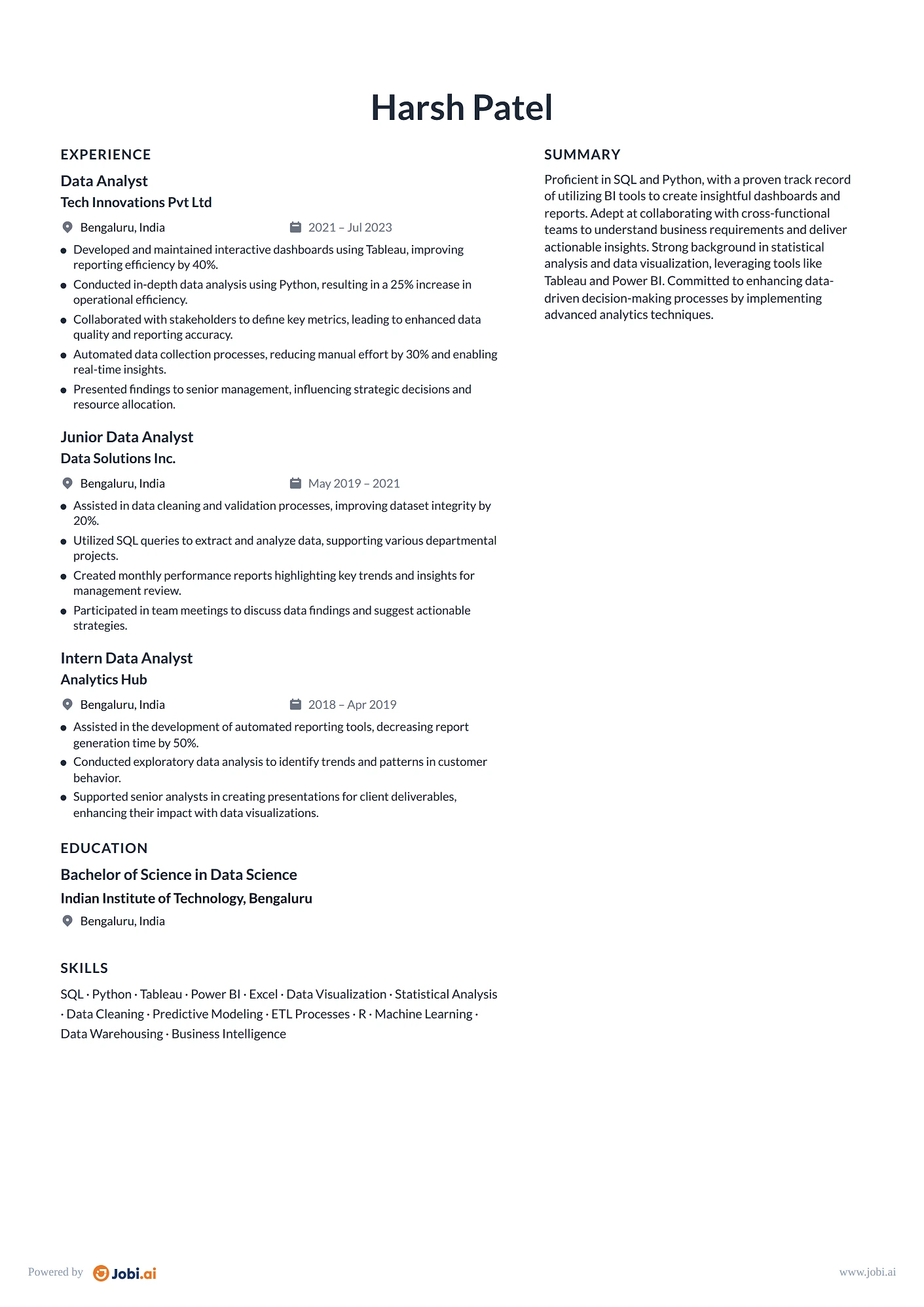 Data Scientist resume example — Data Analyst