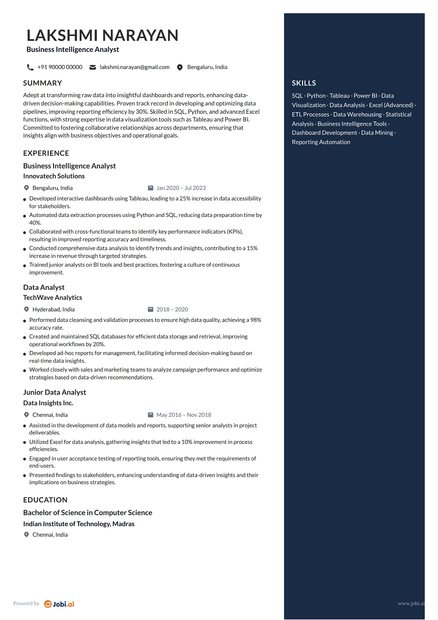 Data Scientist resume example — Business Intelligence Analyst