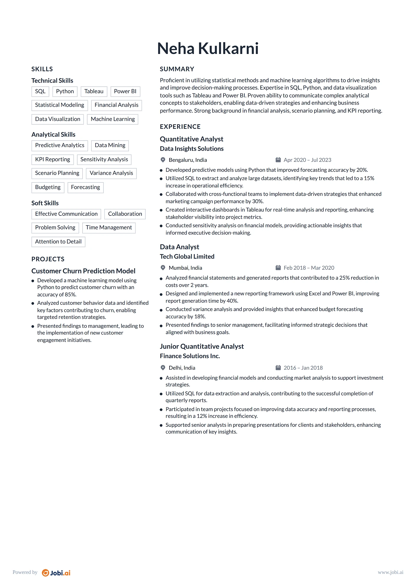 Data Scientist resume example — Quantitative Analyst