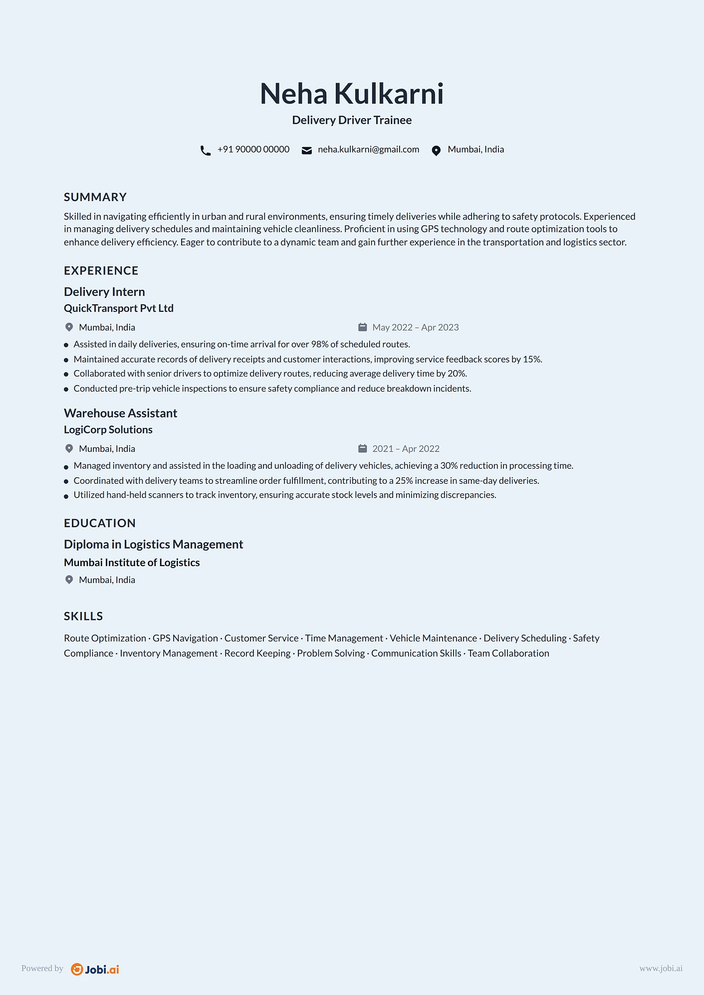 Delivery Driver resume example