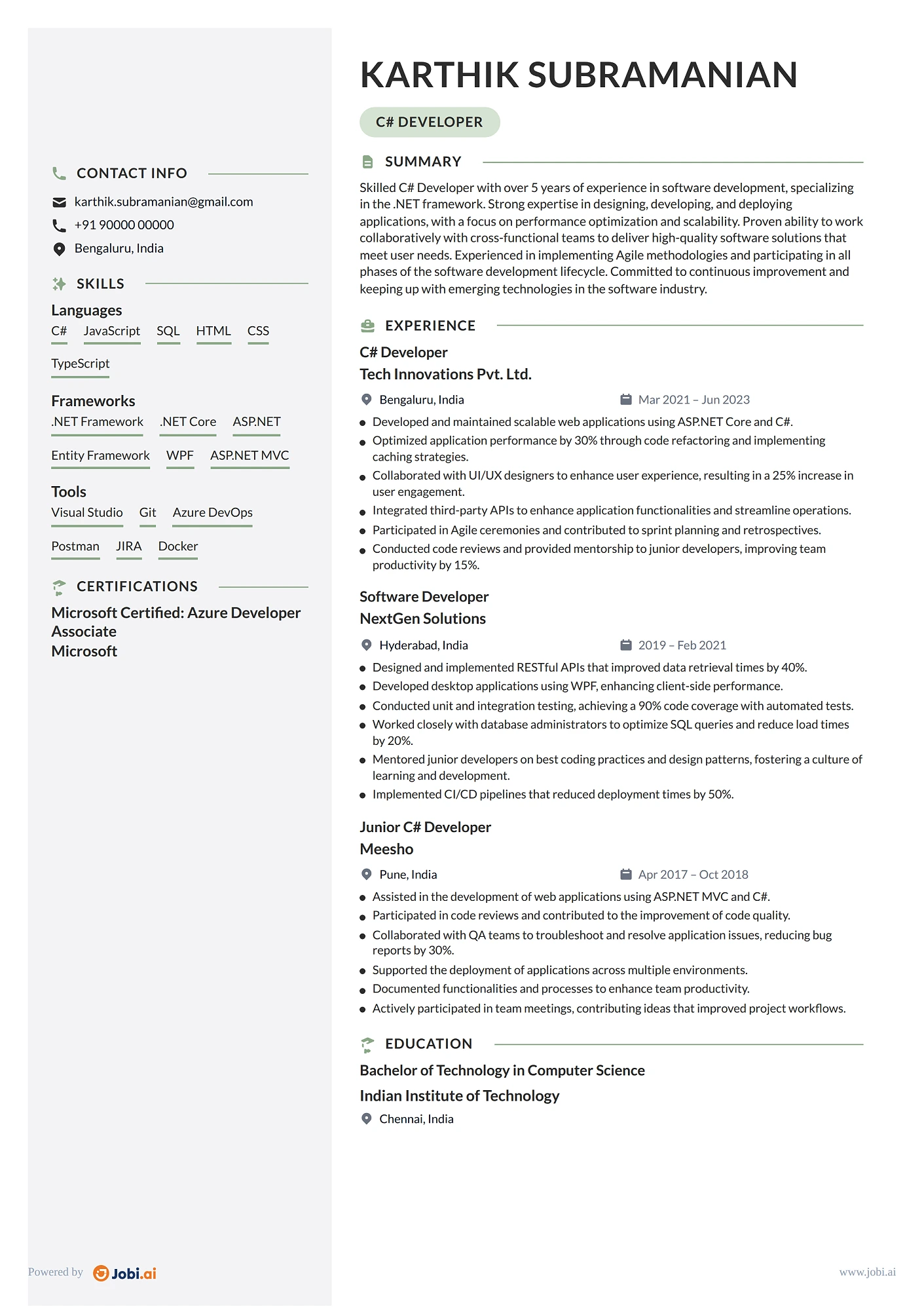 .NET Developer resume example — C# Developer