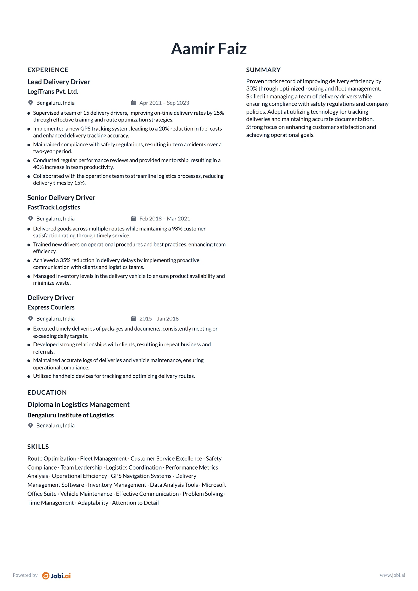 Delivery Driver resume example — Lead Delivery Driver