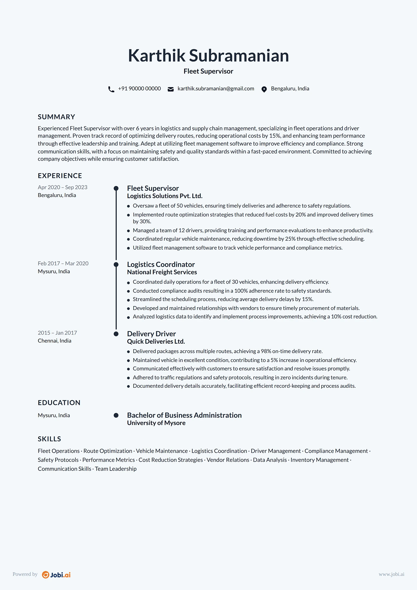 Delivery Driver resume example — Fleet Supervisor