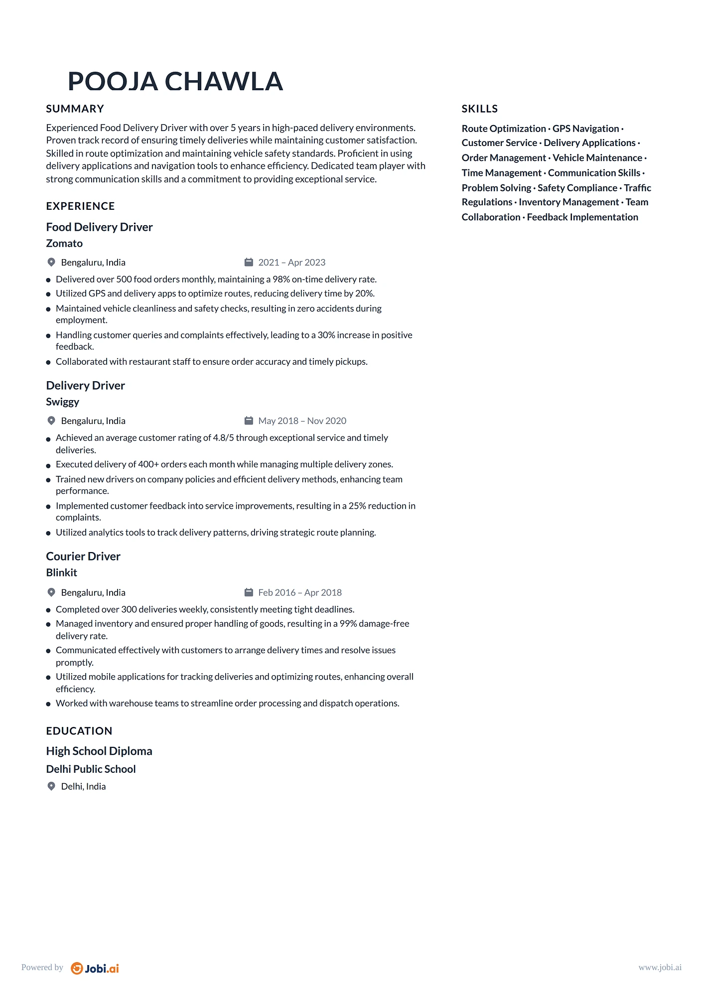 Delivery Driver resume example — Food Delivery Driver